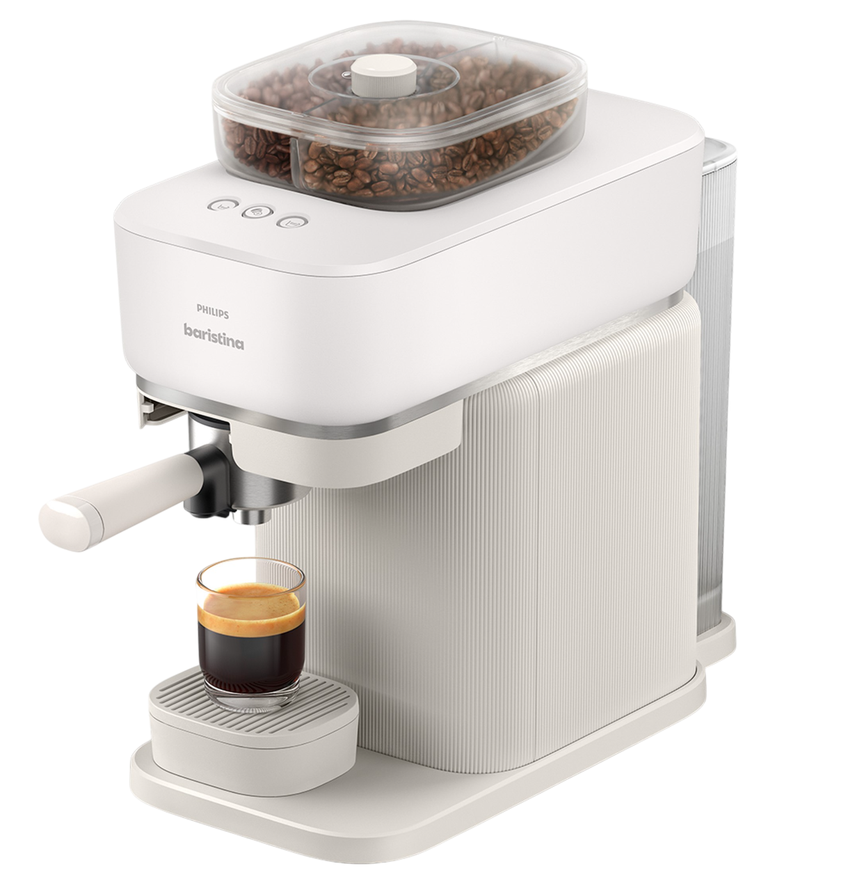 Weiße und beige Kaffeemaschine mit Bohnenbehälter und einem Glas Kaffee. Die Maschine trägt die Marke Philips Baristina.