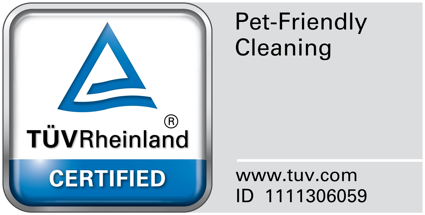 Das Bild ist ein Logo der Pet-Friendly Cleaning-Zertifizierung von TUV Rheinland, mit blauem und weißem Design und Text.