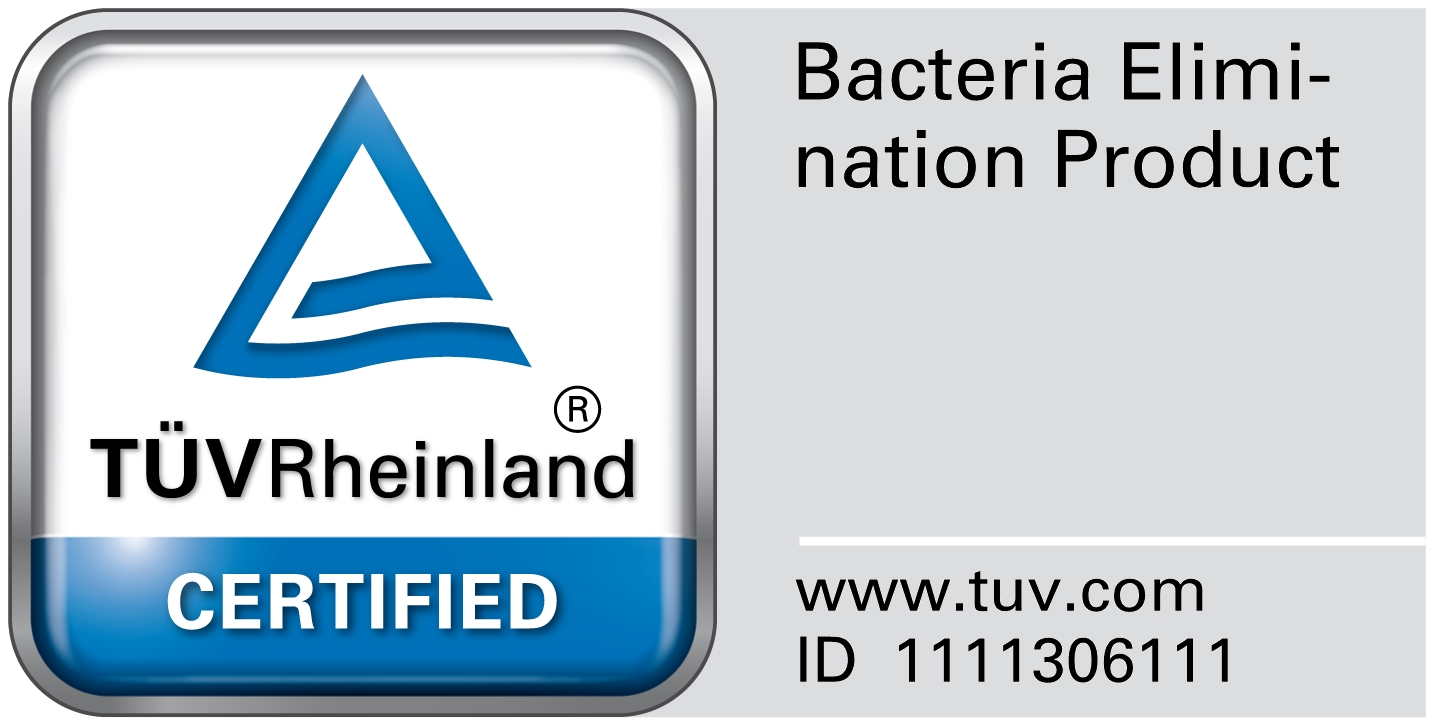 Ein Zertifizierungslogo mit blauem Dreieck und Text 'TÜV Rheinland CERTIFIED'. Der Text rechts lautet 'Bacteria Elimination Product'.