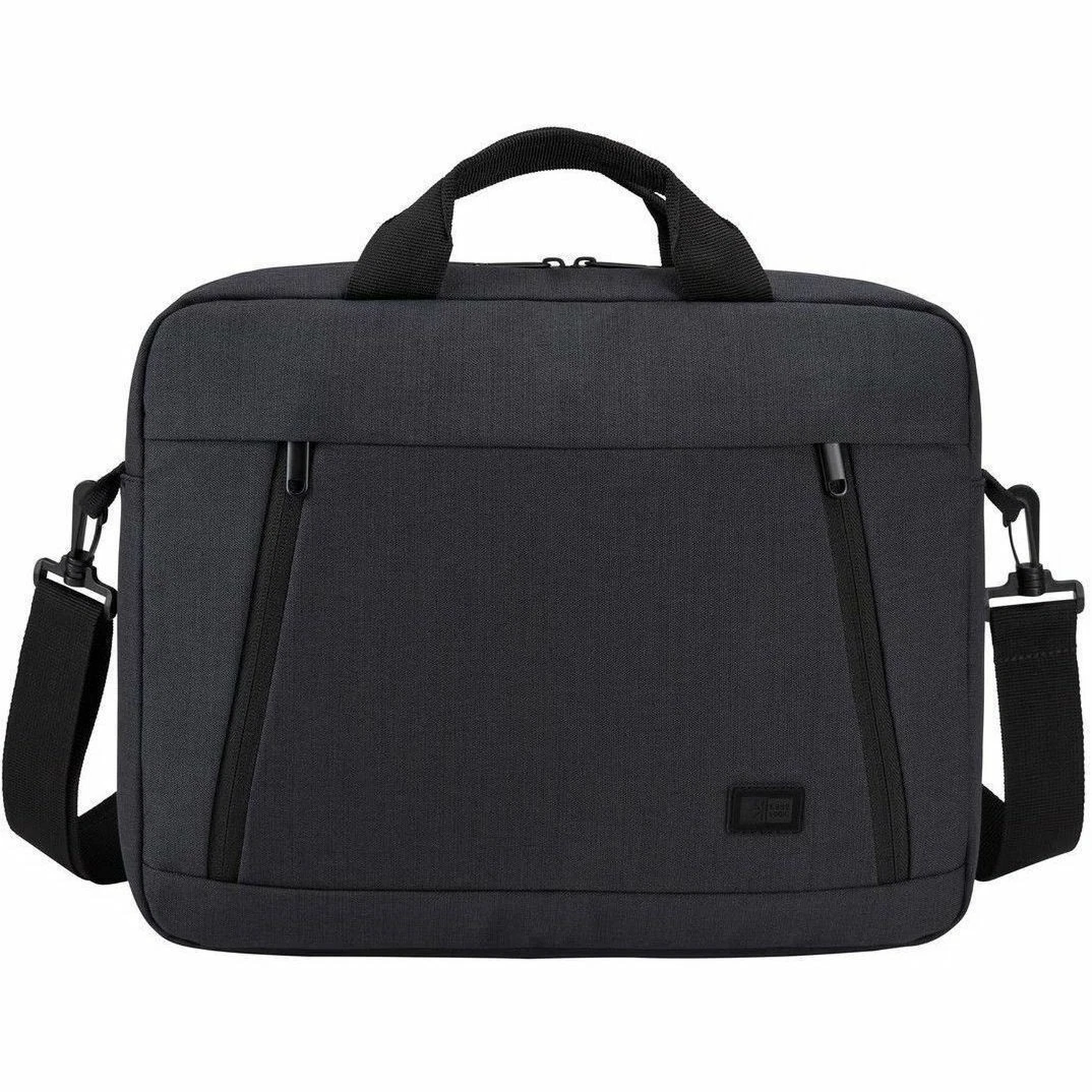 A black laptop bag with a handle and shoulder strap. It has zippers and a small logo on the front.