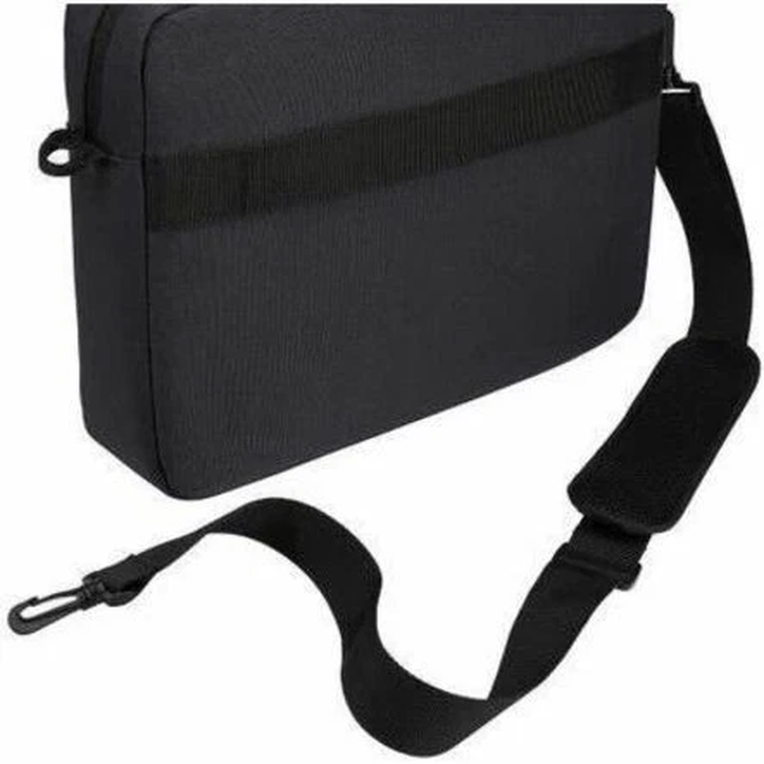 A black laptop bag with a shoulder strap is shown. The bag is rectangular, and the strap is attached with a hook.