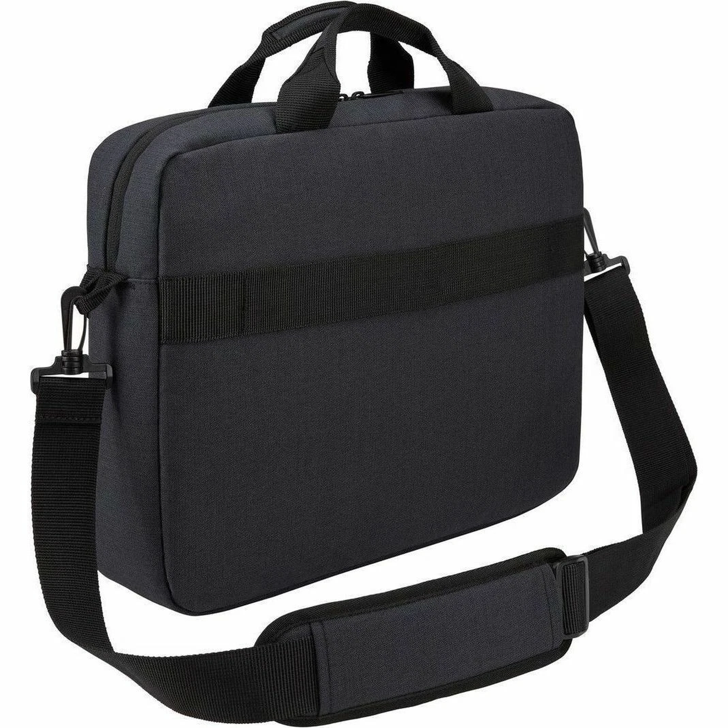 A black laptop bag with handles and a shoulder strap. It has a zip closure and a strap detail across the front.