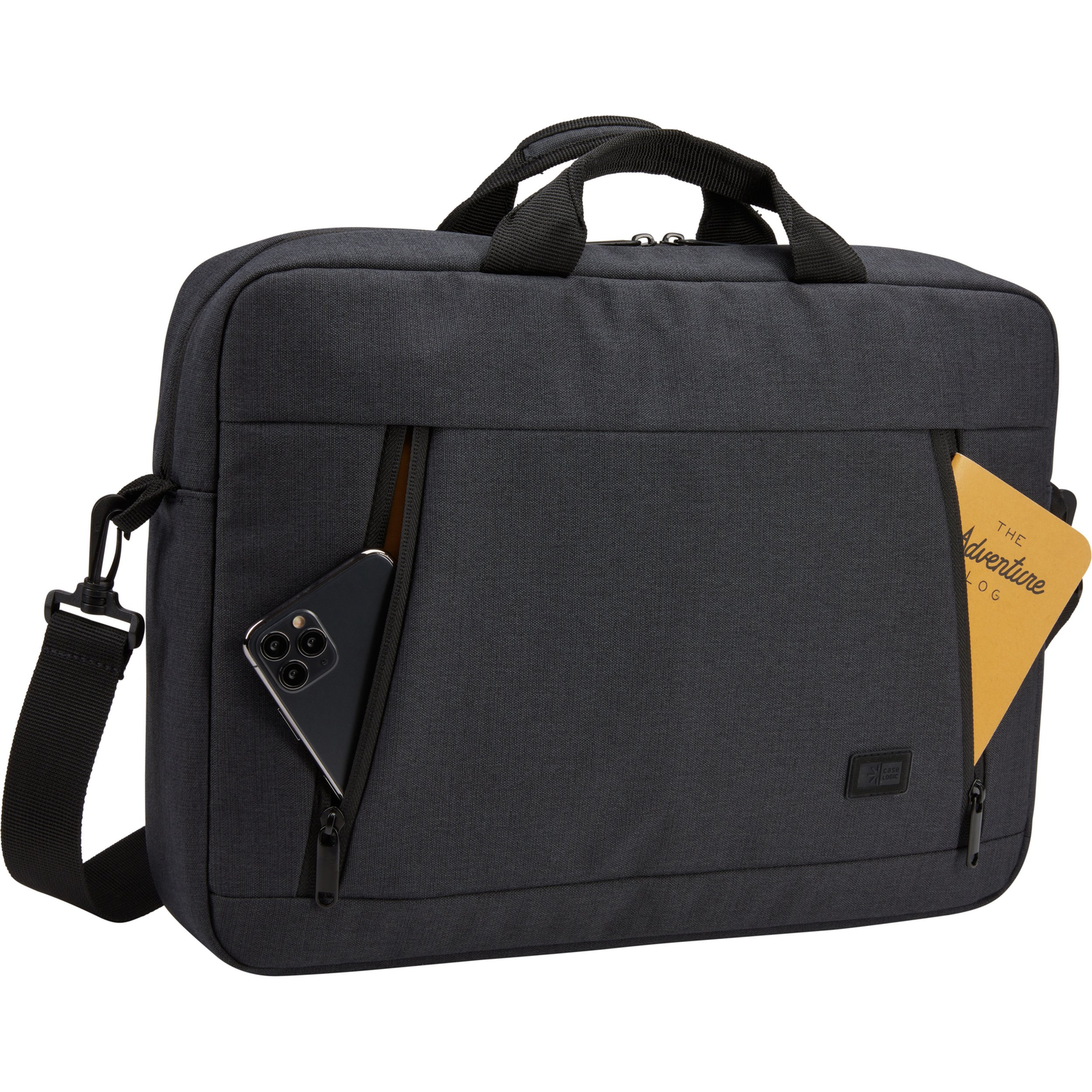 A black Case Logic laptop bag with a phone and notepad sticking out of the pockets. The bag has a handle and shoulder strap.