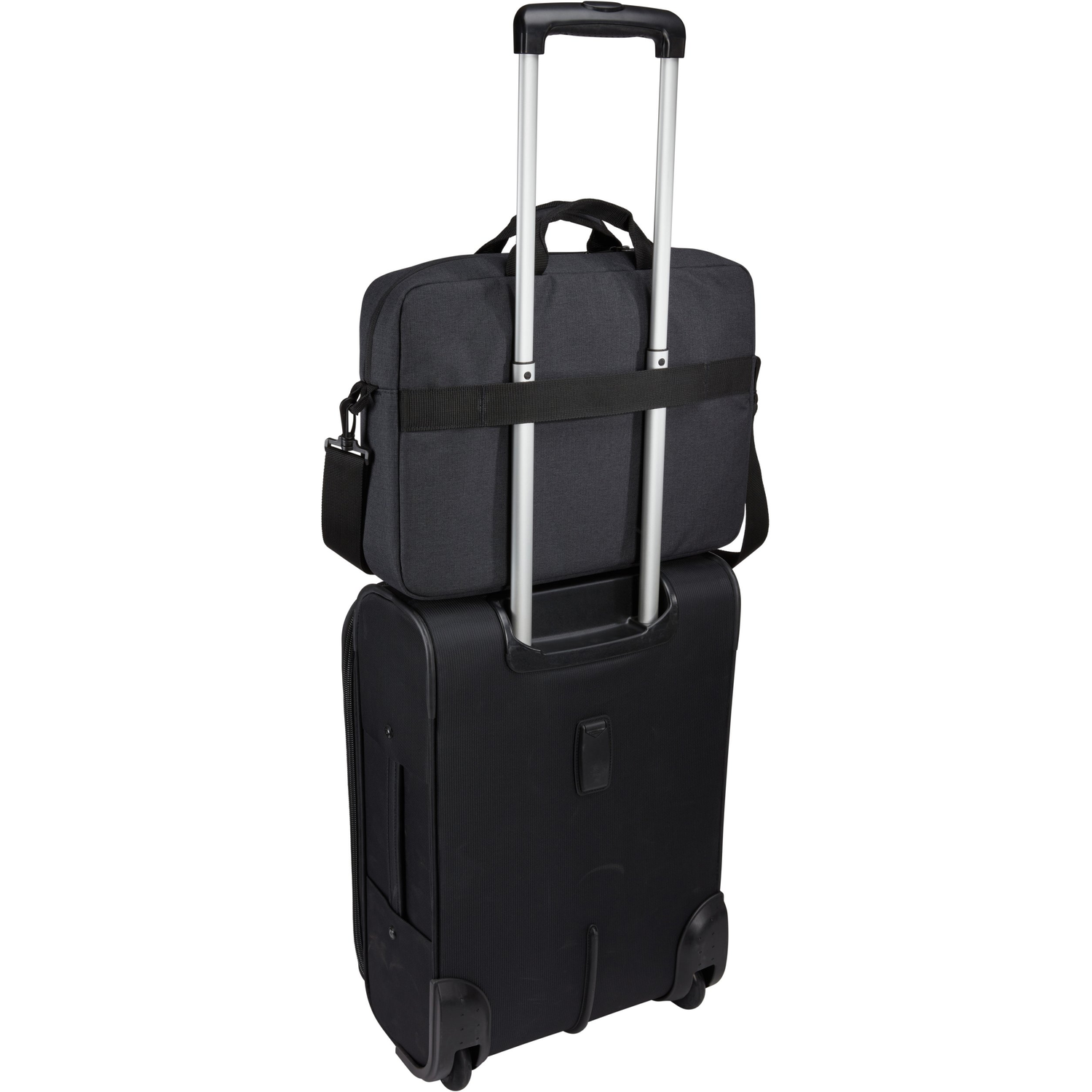 A black rolling suitcase with a black briefcase attached. The suitcase has a telescoping handle.