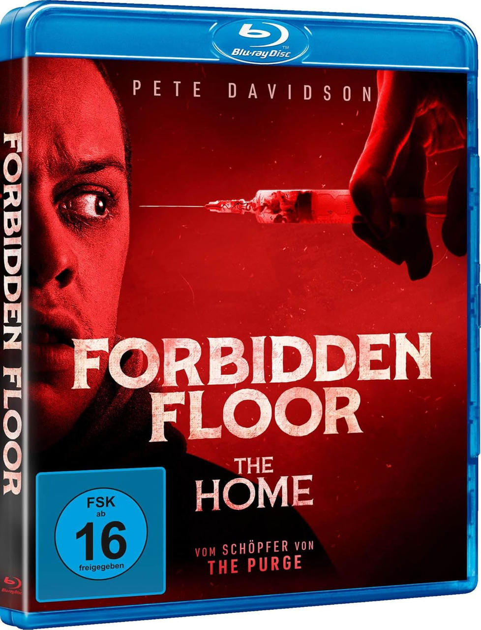 Blu-ray-Cover mit Pete Davidson. Titel: Forbidden Floor. Eine Spritze mit roter Flüssigkeit ist vorhanden. Rotes und schwarzes Farbschema.