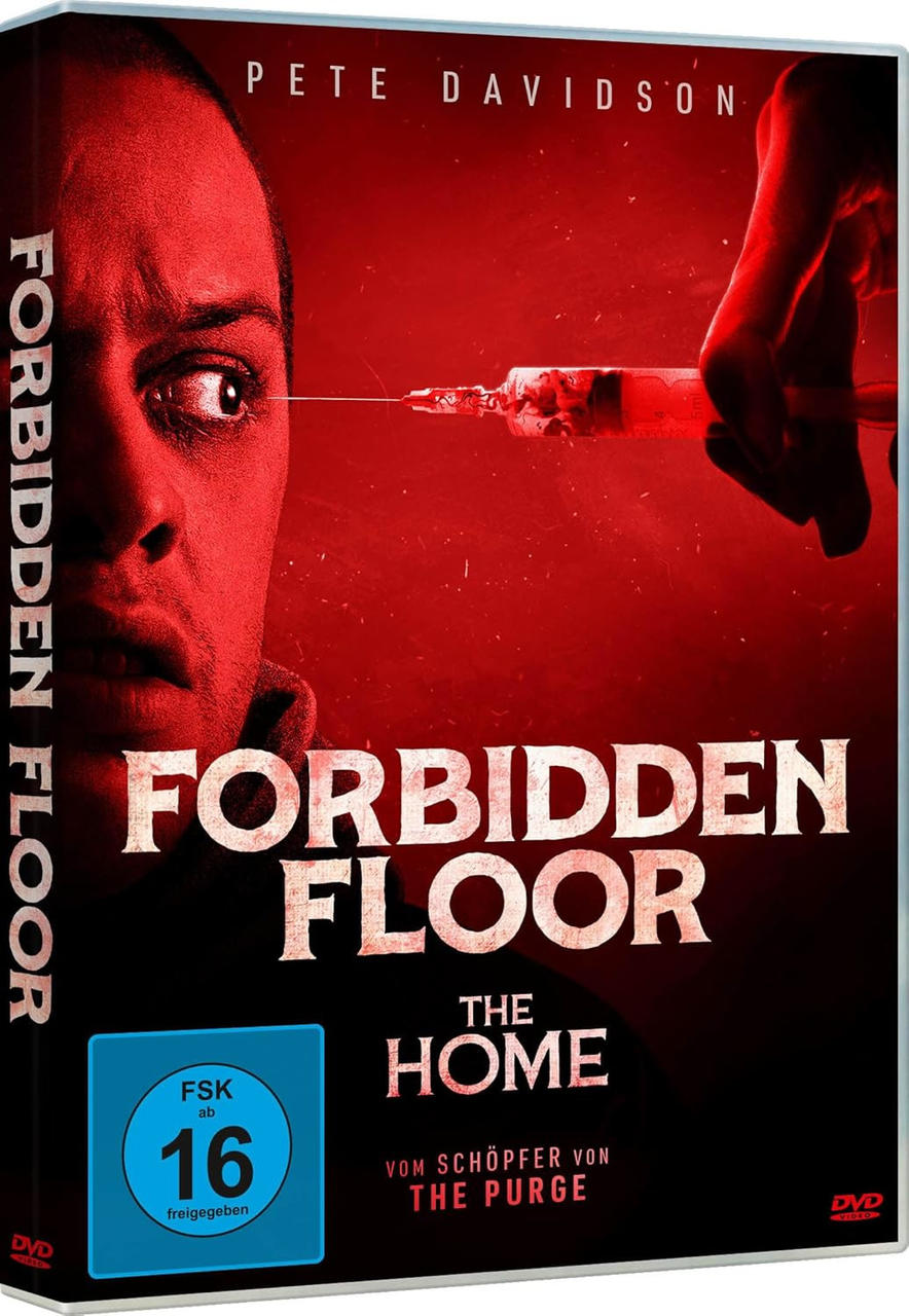 Filmcover. Roter Hintergrund. Pete Davidsons Gesicht und eine Spritze sind zu sehen. Der Titel lautet Forbidden Floor, The Home.