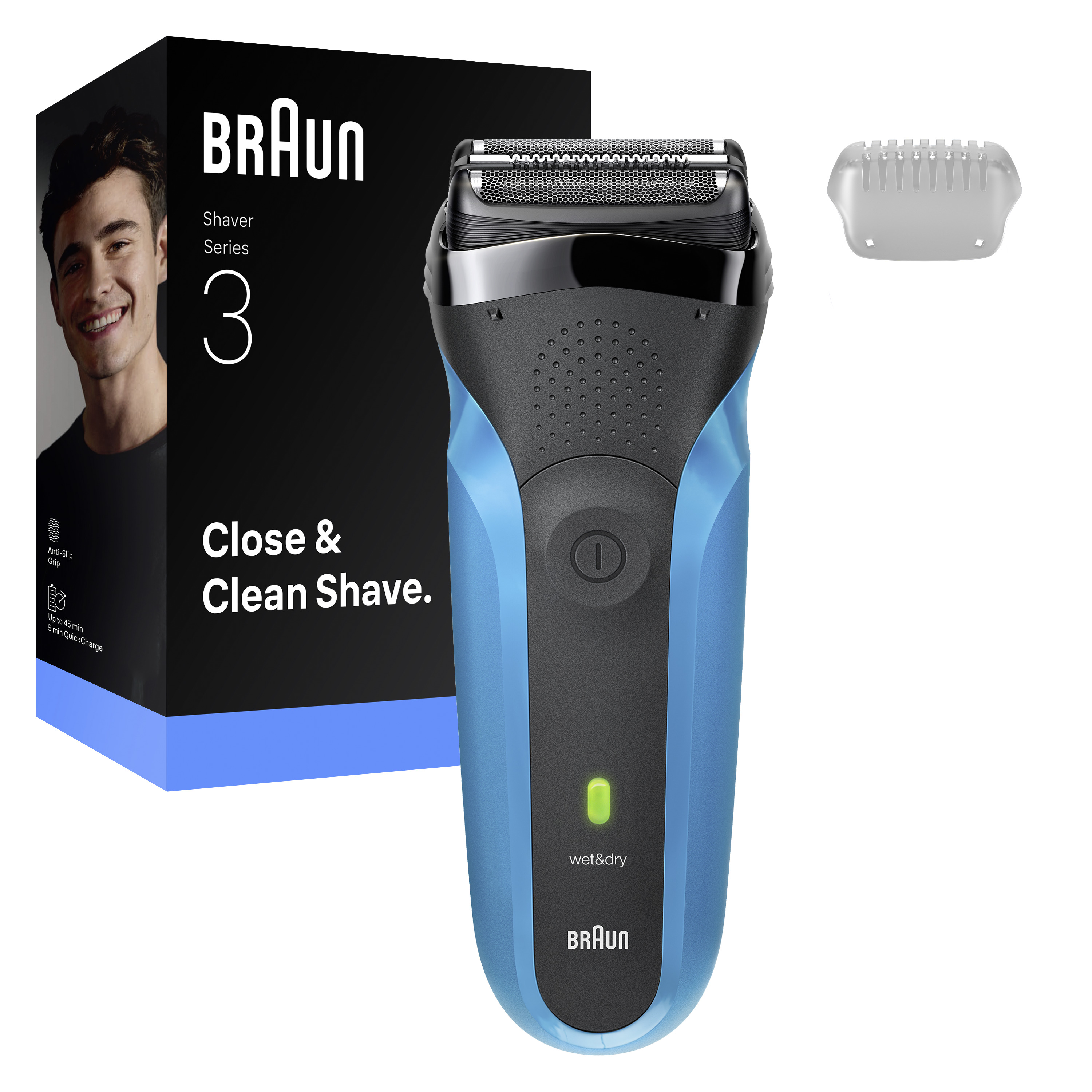 Mavi ve siyah Braun Series 3 elektrikli tıraş makinesi, kutusu ve koruyucu kapağı beyaz zemin üzerinde.