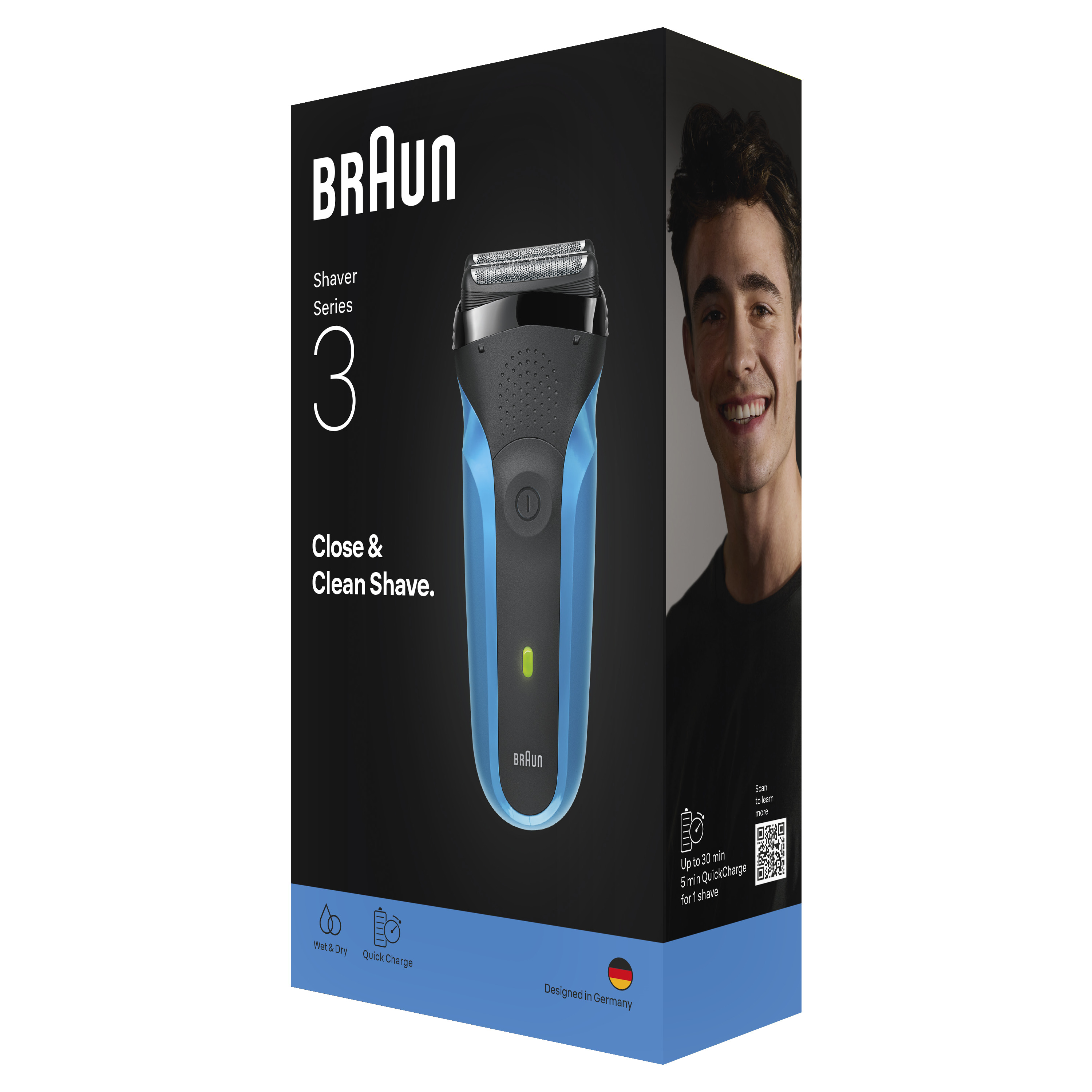 Bir Braun Series 3 tıraş makinesi kutusu. Sağda bir adam gülümsüyor. Tıraş makinesi mavi ve siyahtır. Islak ve Kuru ve Hızlı Şarj simgeleri gösterilir.