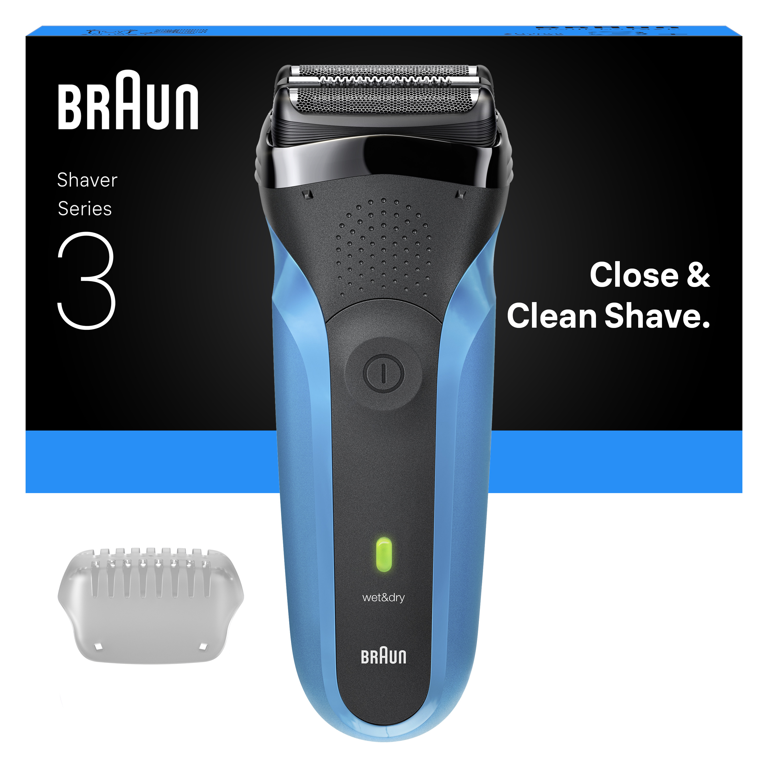 Mavi ve siyah gövdeli bir elektrikli tıraş makinesi, ambalajda Braun Shaver Series 3 ve Close & Clean Shave yazıyor.