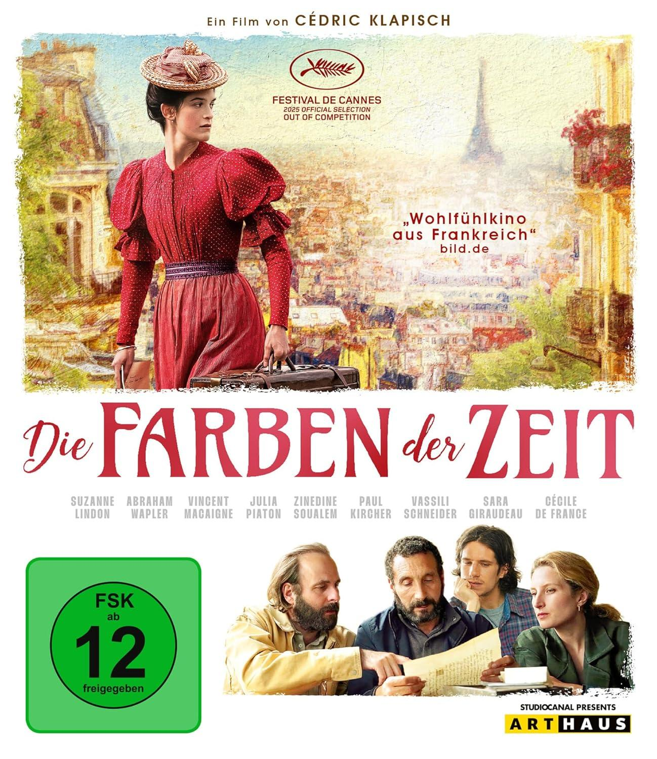 Filmplakat mit Frau in Rot, Koffer. Titel: Die Farben der Zeit. Cannes-Logo und Schauspielernamen sichtbar.