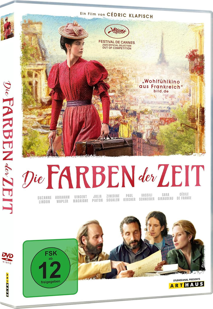 DVD-Cover. Frau in rotem Kleid, Hut, hält Tasche, Paris im Hintergrund. Titel: Die Farben der Zeit. Schauspieler unten.