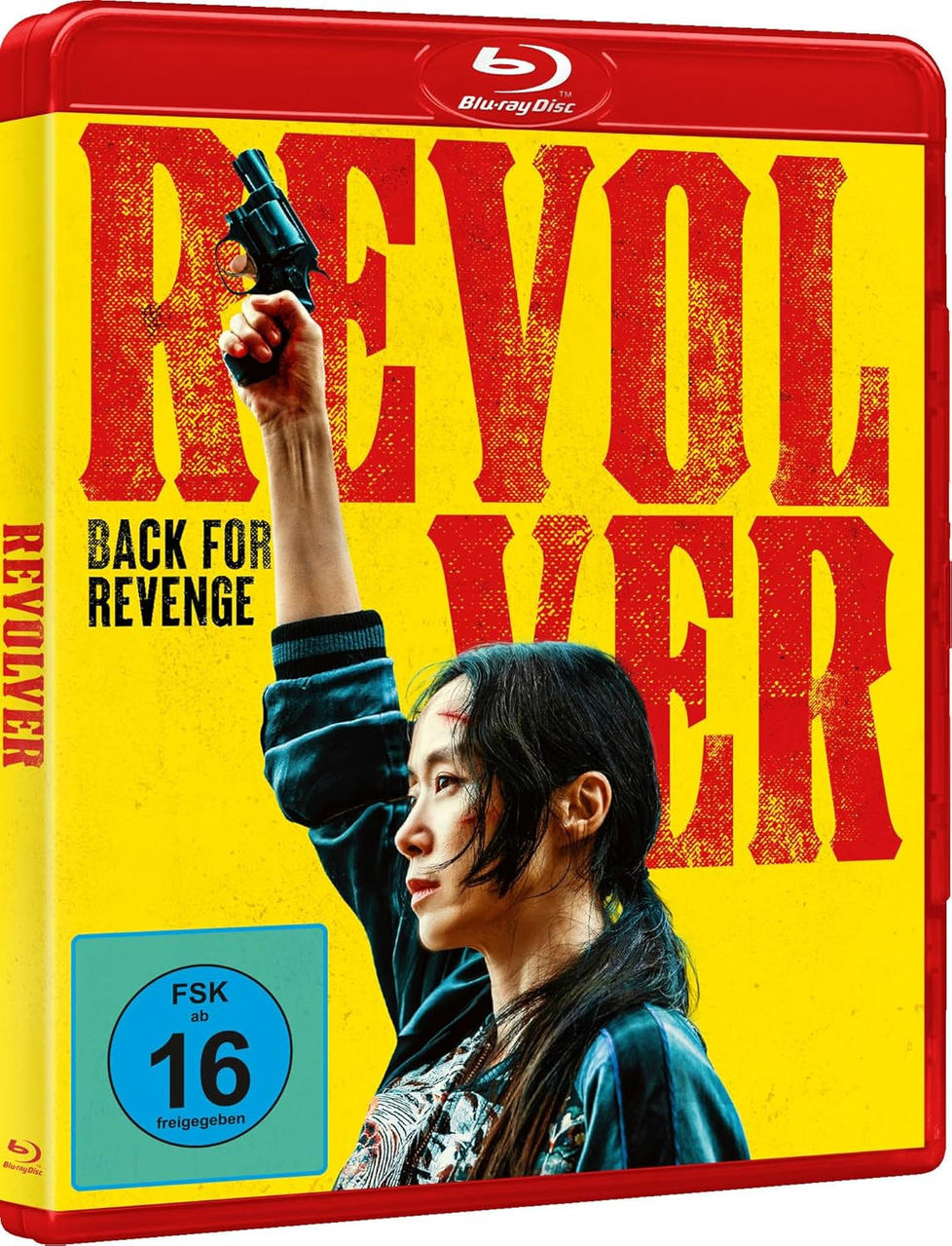 Ein Filmcover zeigt eine Frau, die einen Revolver hochhält. Der Titel 'REVOLVER' steht in großen roten Buchstaben auf gelbem Grund.