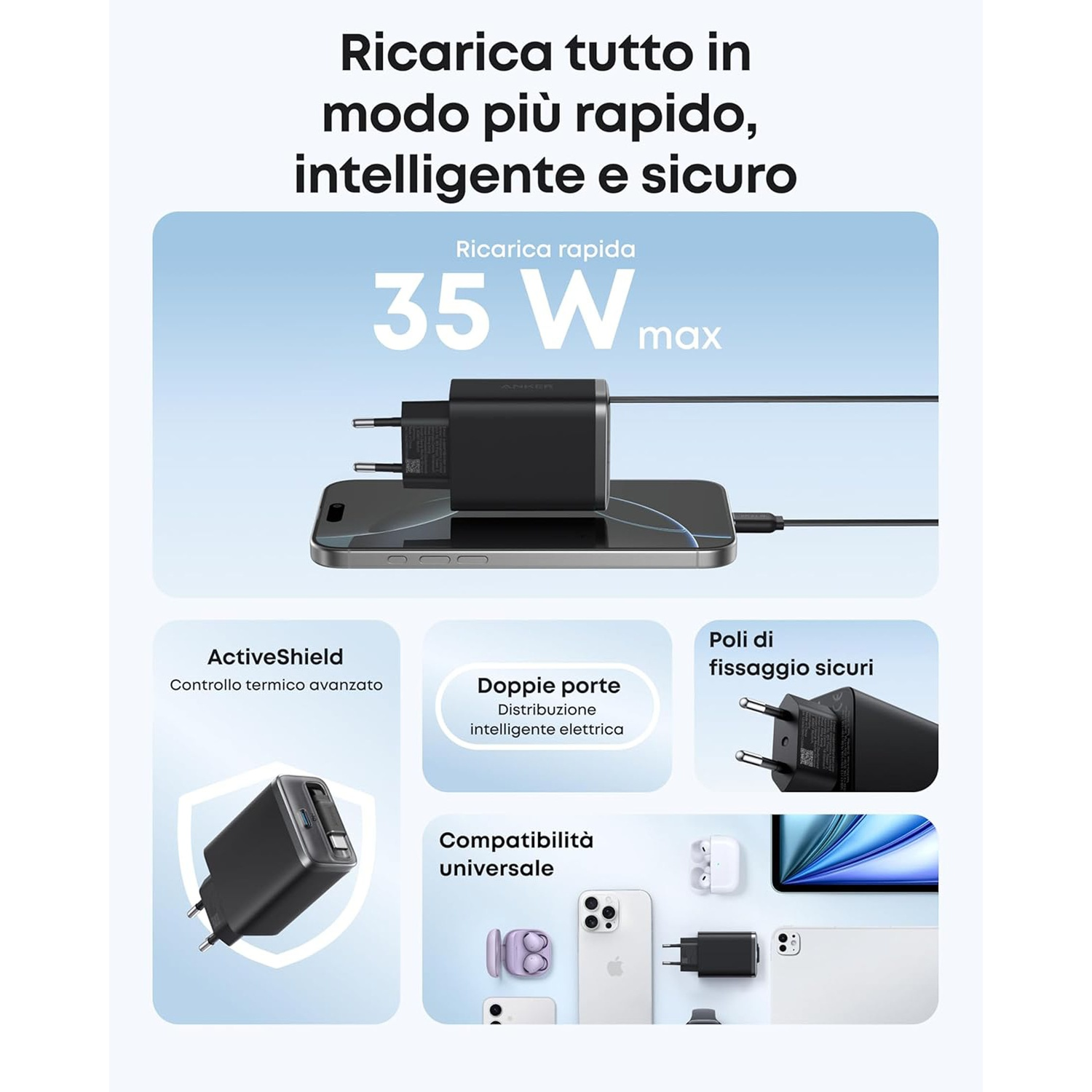 L'immagine mostra un caricabatterie nero che carica un telefono. Il testo evidenzia ricarica rapida e compatibilità universale.
