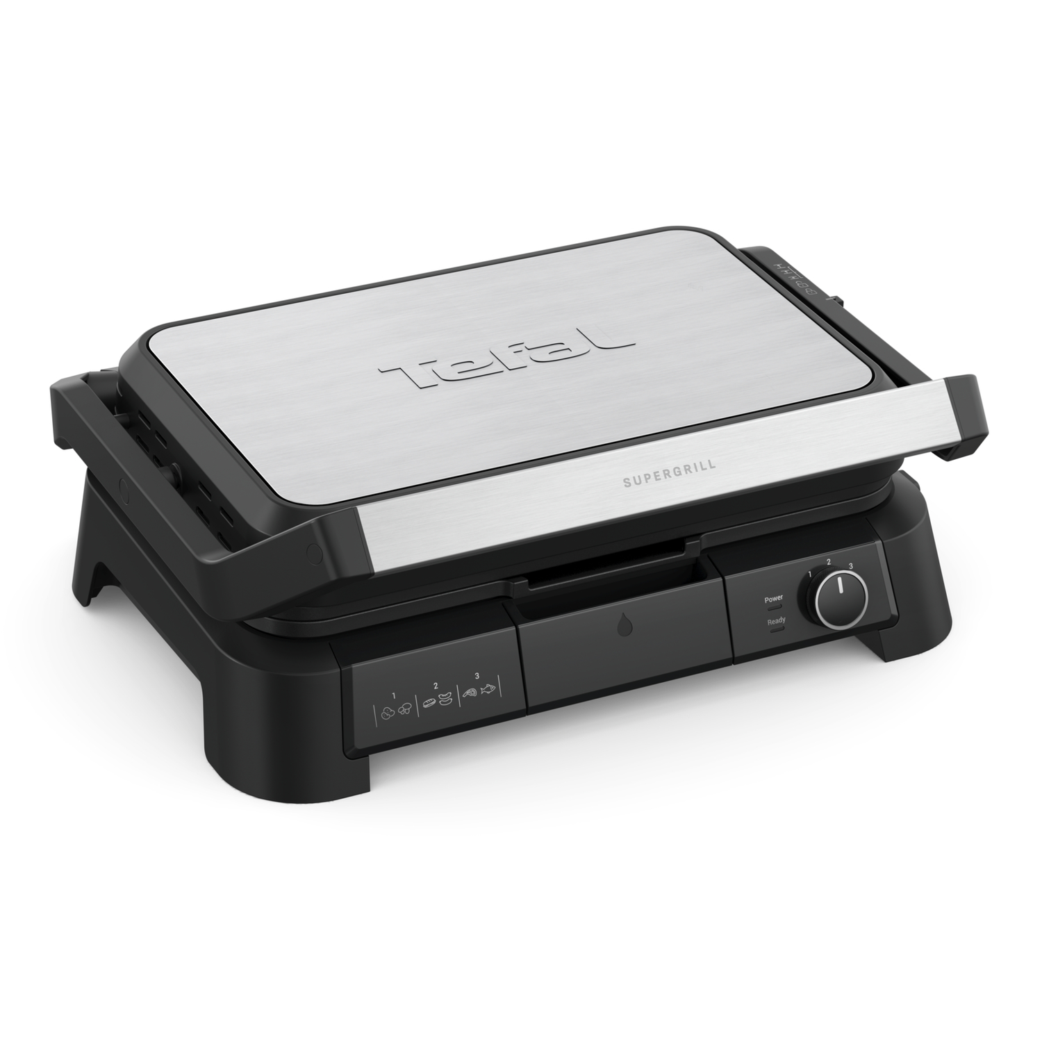 Un Supergrill Tefal, dessus argenté, base noire, avec bouton de commande et voyants, sur fond blanc.