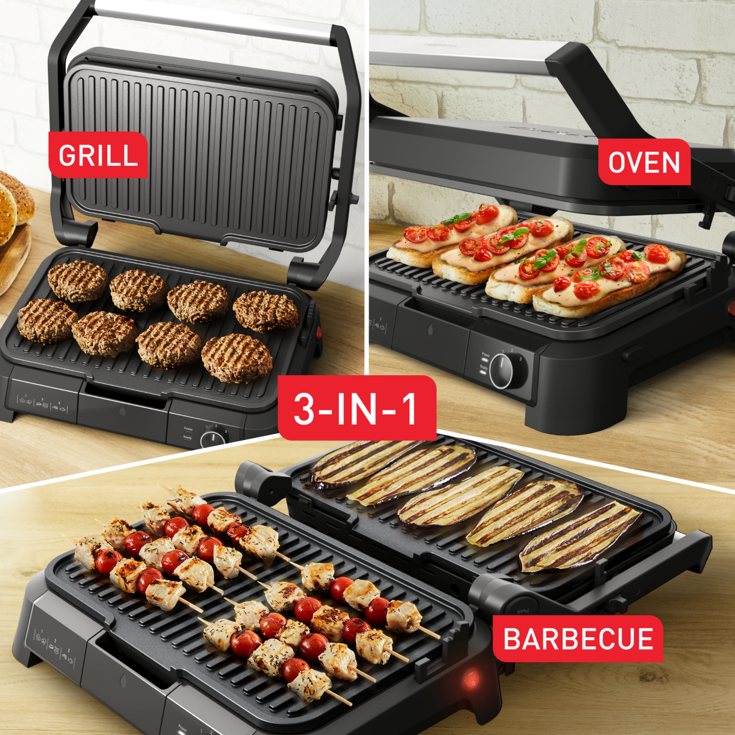 Un grill 3-en-1 avec des burgers, des sandwichs et des brochettes. Il montre également des aubergines grillées. Le grill est noir et a des étiquettes rouges.