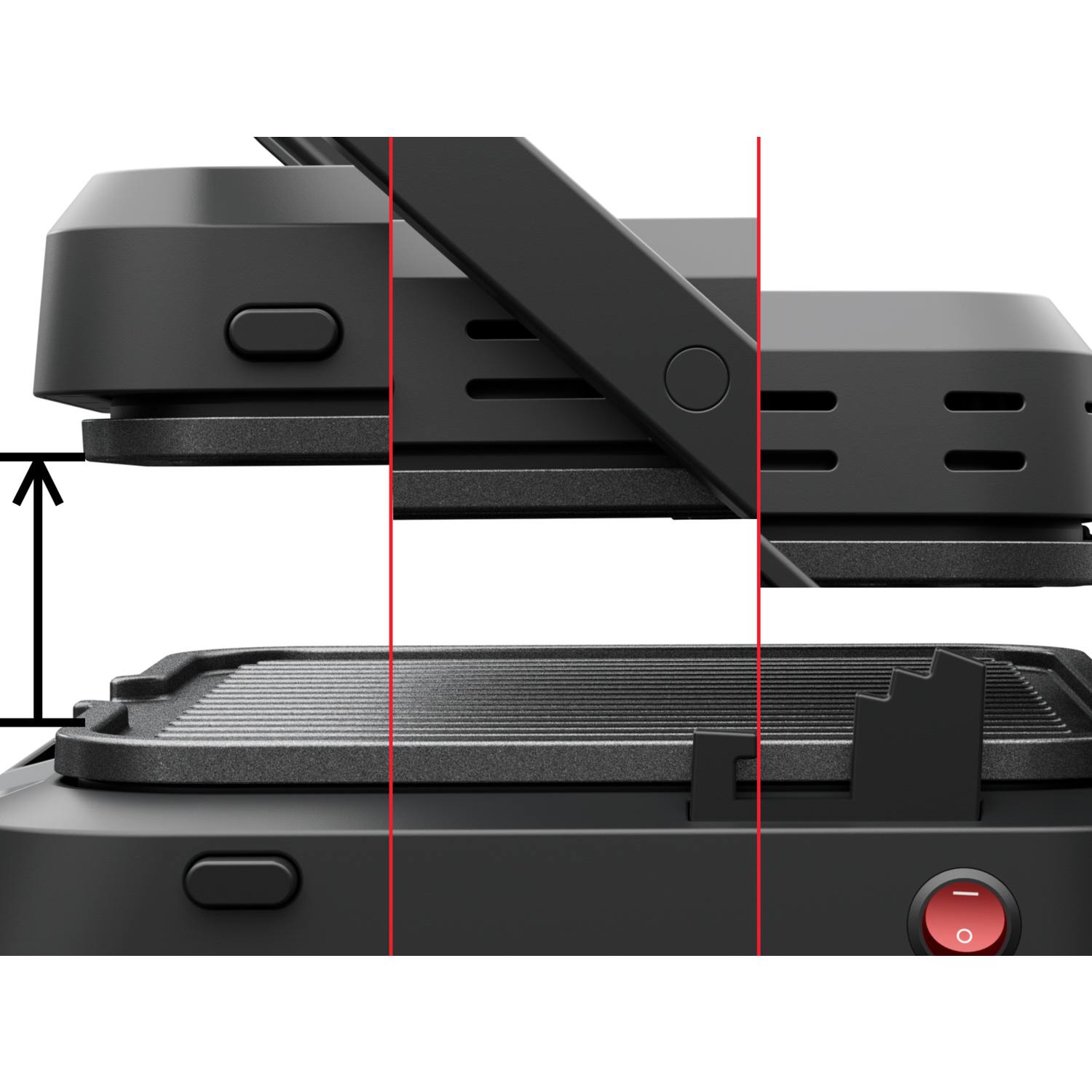 Gros plan d'un grill noir. Montre les sections supérieure et inférieure avec une poignée et un bouton d'alimentation rouge. Inclut des boutons.