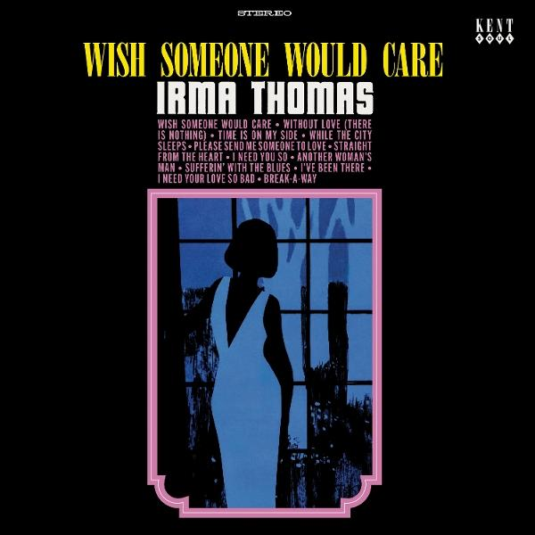 Albumcover mit Irma Thomas Silhouette in einem blauen Kleid, umrahmt von einem rosa Rahmen. Der Text enthält Albumtitel und Songliste.