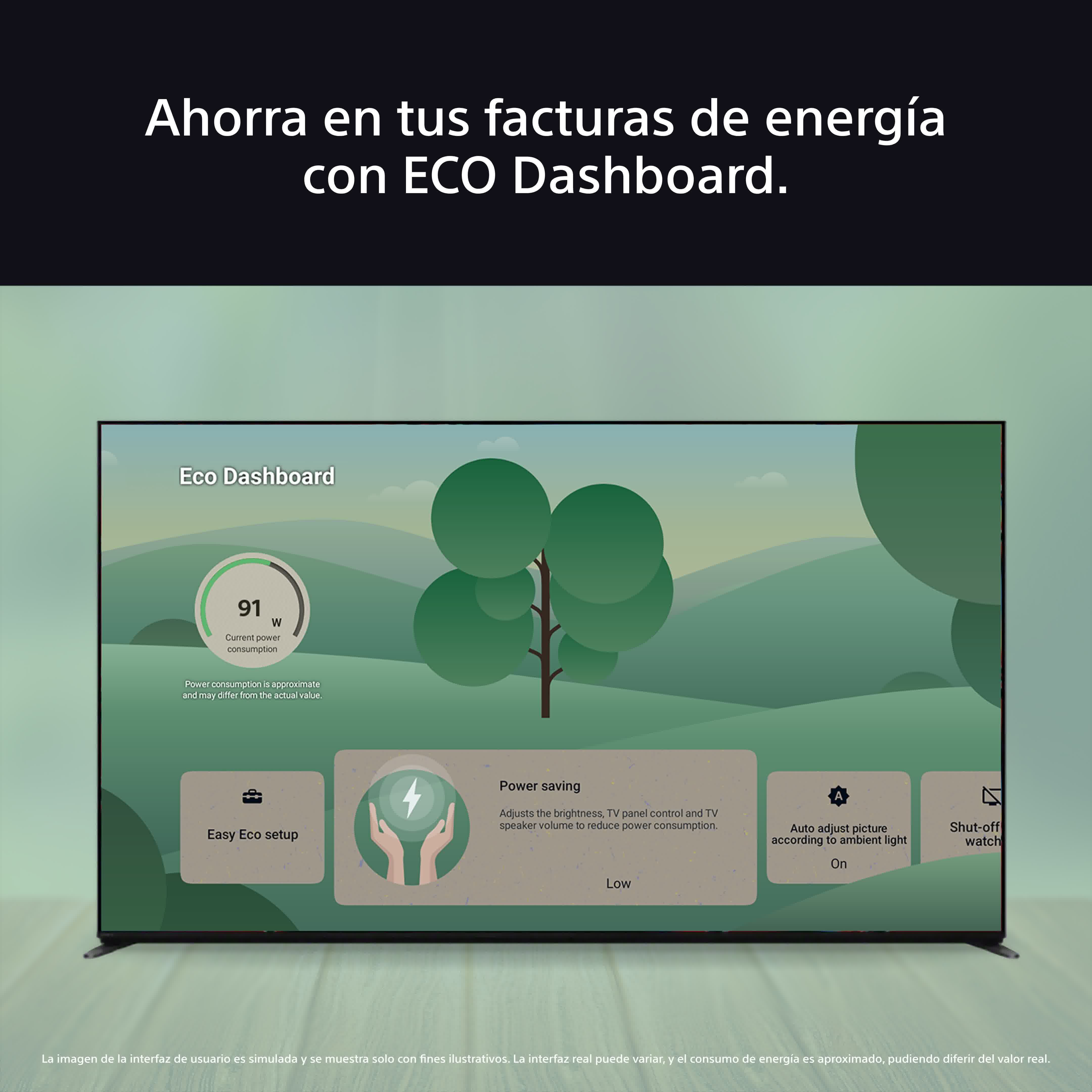 Pantalla de TV mostrando funciones de ahorro de energía. Texto: Eco Dashboard. Gráficos: árbol, mano con rayo, ajustes y reloj.