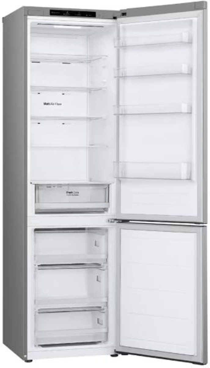 Otwarta, srebrna lodówka. Wnętrze pokazuje półki, szuflady i przegródki. Drzwi są otwarte, ukazując zawartość.