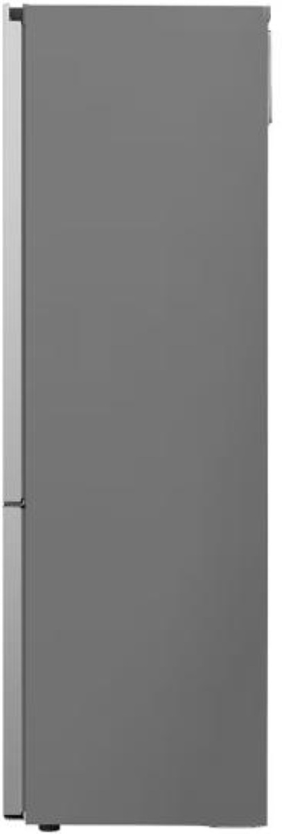 Widok z boku szarej lodówki. Drzwi są głównie szare, z białą obwódką.