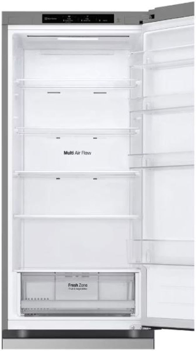 Wnętrze otwartej lodówki. Ma półki i szuflady. Drzwi otwarte w prawo. Etykiety mówią 'Multi Air Flow' i 'Fresh Zone'.