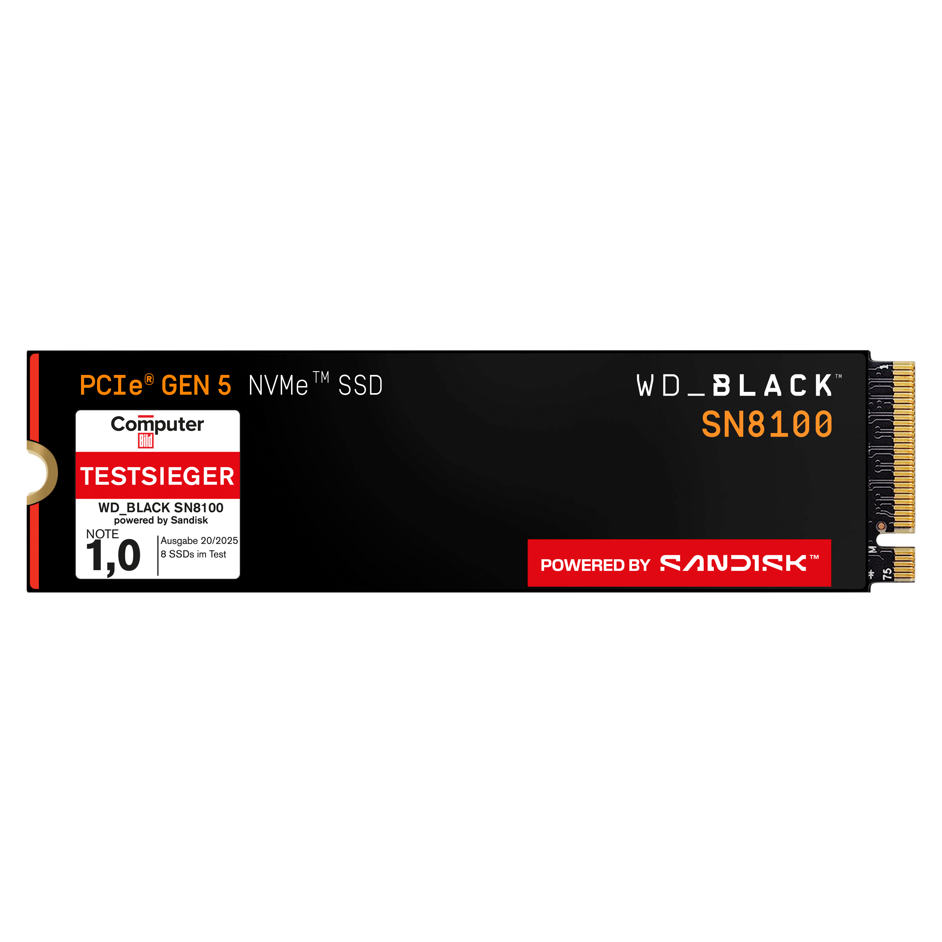 Eine schwarze WD_BLACK SN8100 SSD. Rote und weiße Etiketten mit Text. Der Text enthält 'TESTSIEGER' und 'POWERED BY SANDISK'.