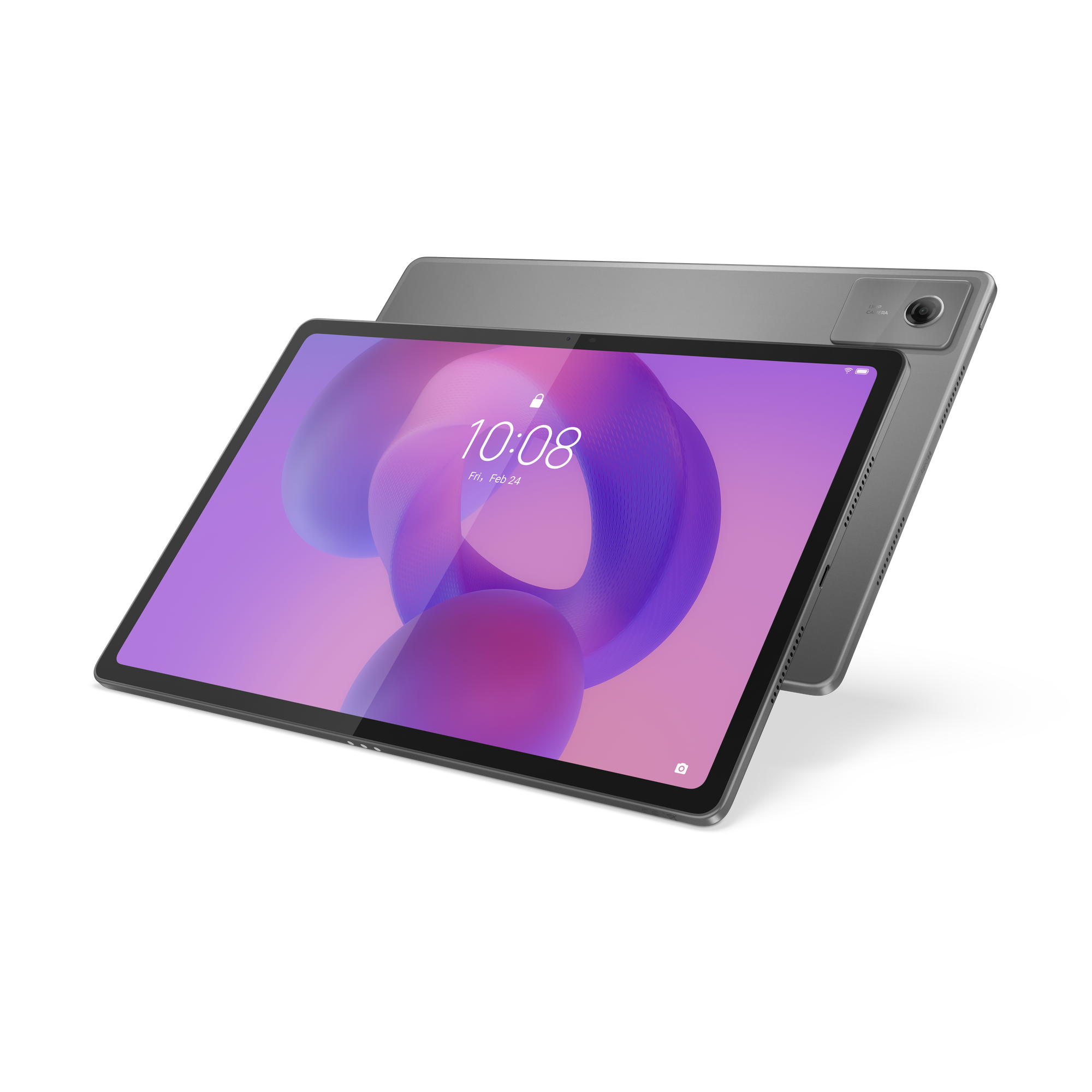 Szary tablet jest wyświetlany pod kątem, pokazując fioletowo-różowy ekran z godziną 10:08 i datą.