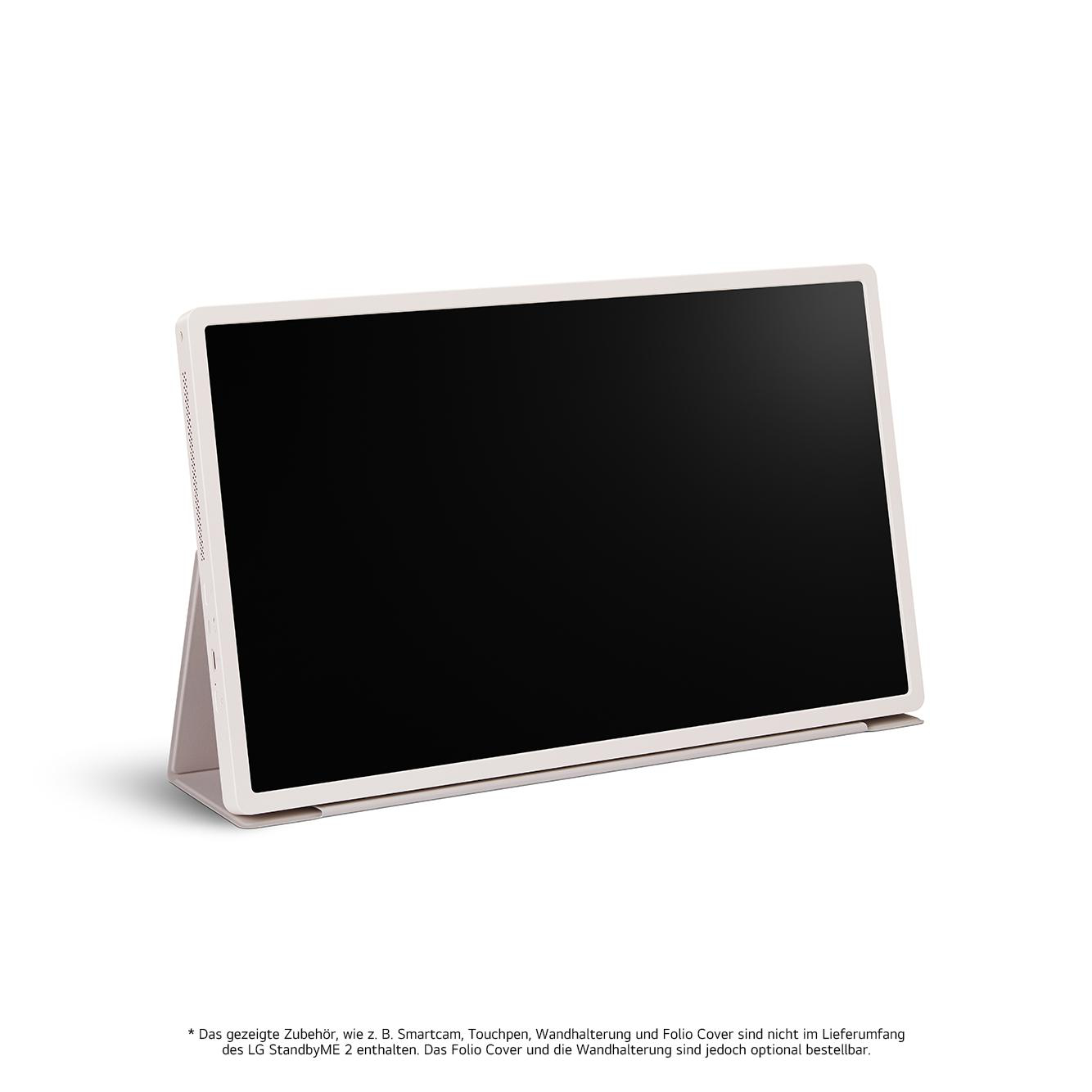Ein weißes Tablet mit schwarzem Bildschirm steht auf einem weißen Ständer. Der Hintergrund ist schlicht weiß.