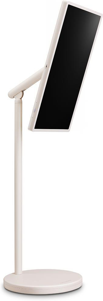 Ein weißes Tablet auf einem Ständer mit schwarzem Bildschirm. Der Ständer hat eine runde Basis und eine vertikale Stange.