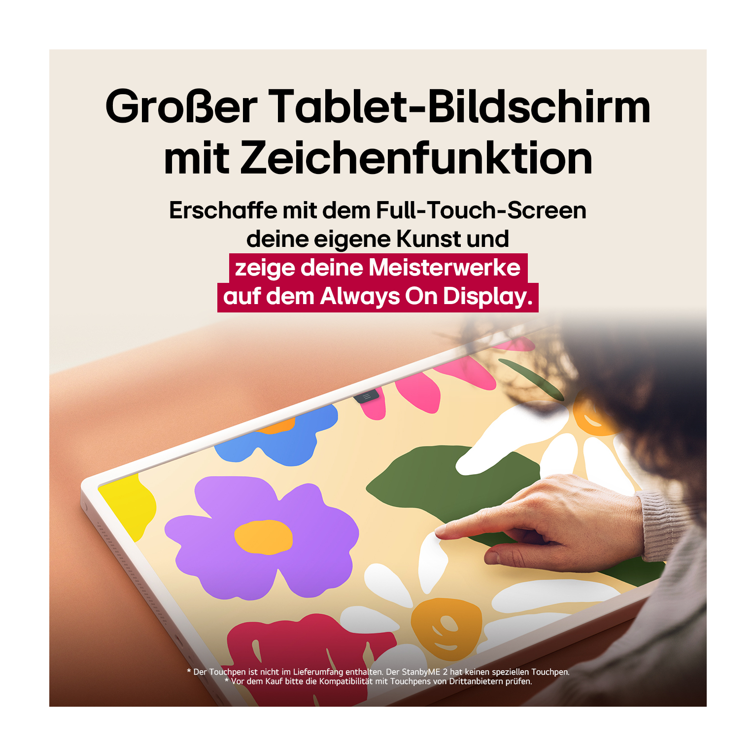 Eine Hand berührt ein Tablet mit Blumenkunst. Der Text lautet: 'Großer Tablet-Bildschirm mit Zeichenfunktion.'
