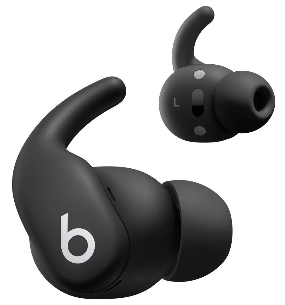 Dwa czarne bezprzewodowe słuchawki. Jeden pokazuje logo 'b', a drugi ma 'L'. Oba mają zaczepy na uszy i są na białym tle.
