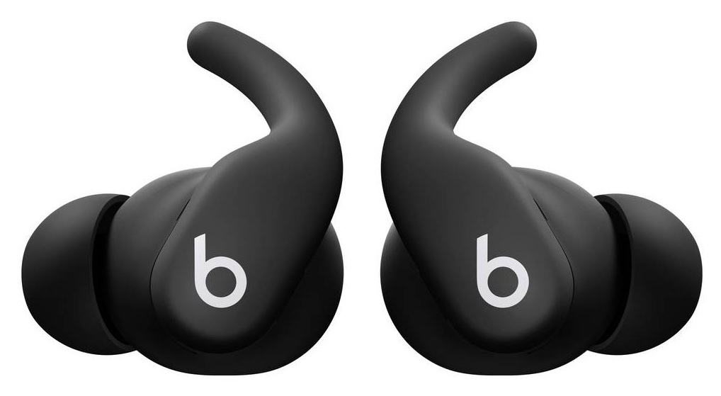 Dwa czarne słuchawki Beats, każda z białym logo 'b'. Mają haczyki na uszy i wkładki douszne. Tło jest białe.