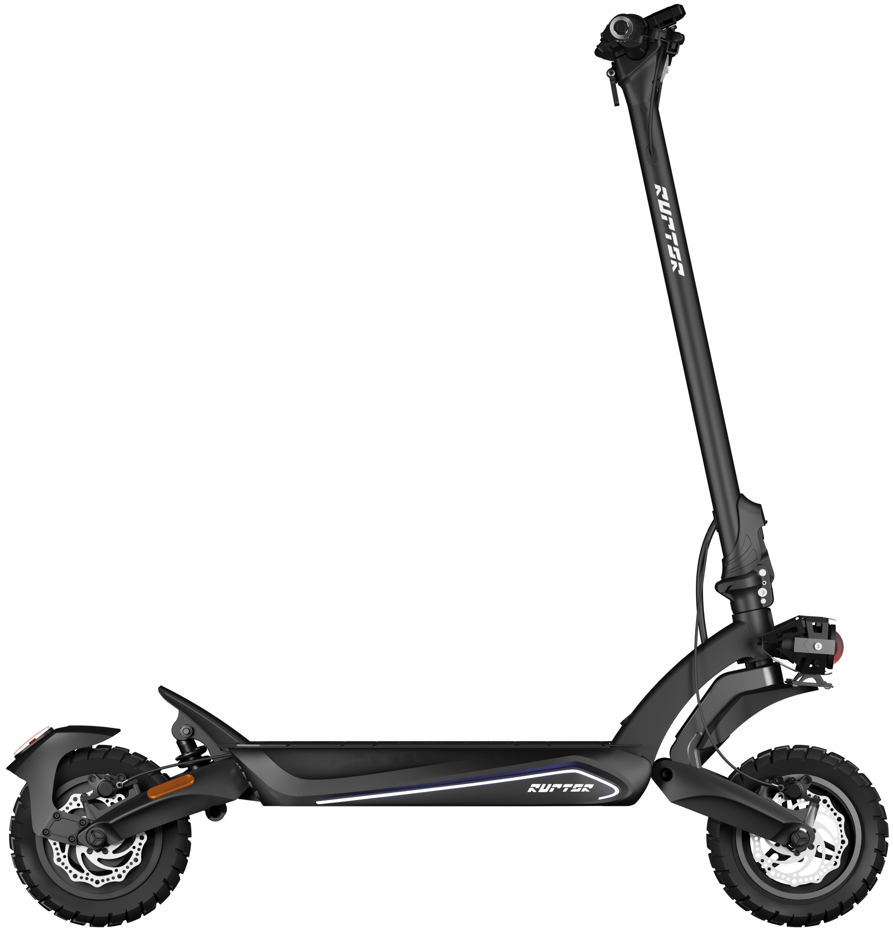 Czarna hulajnoga elektryczna z dużymi oponami i wysoką kierownicą na białym tle.