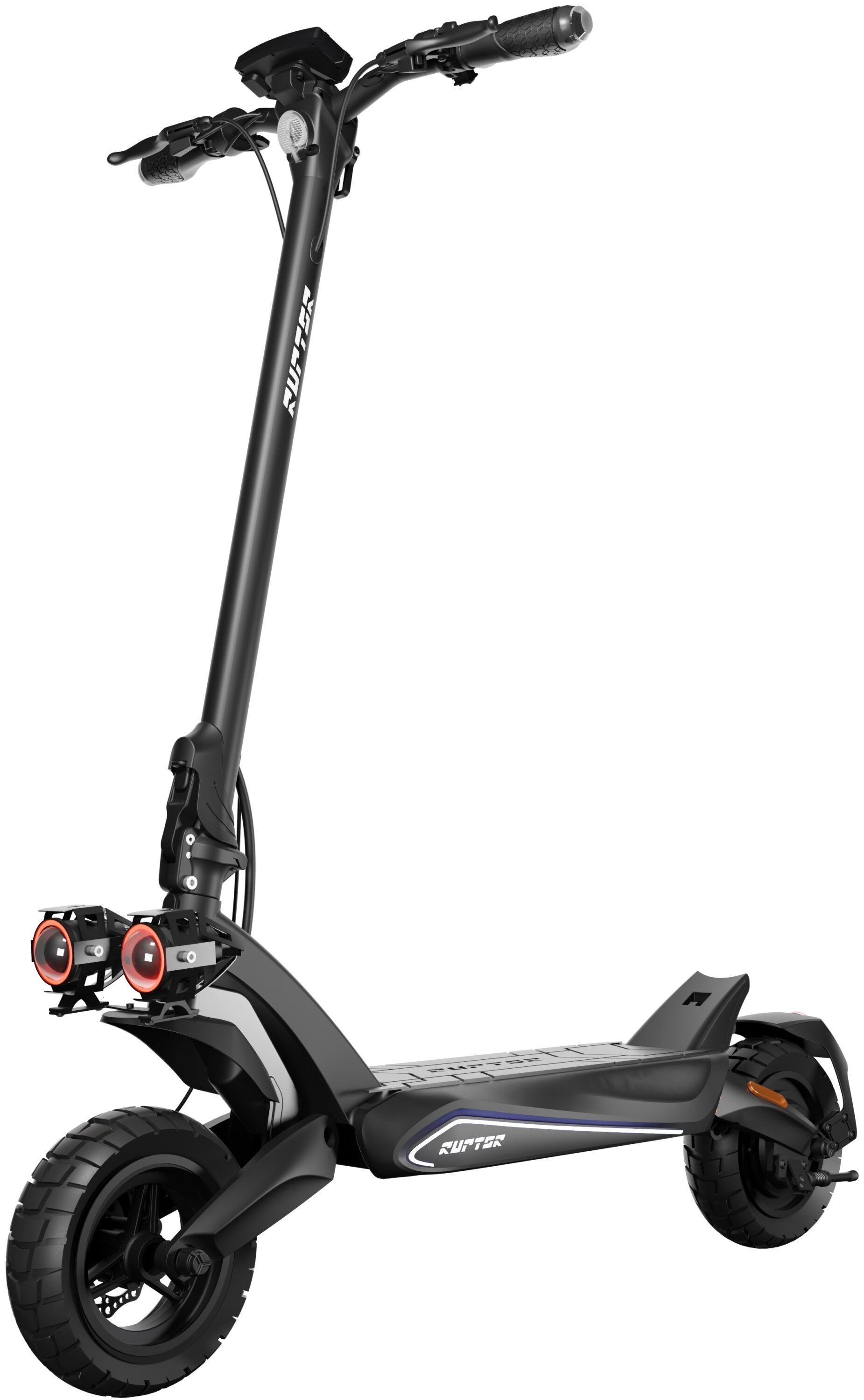 Czarna hulajnoga elektryczna z dużymi kołami i czerwonymi światłami, na białym tle. Marka to Raptor.