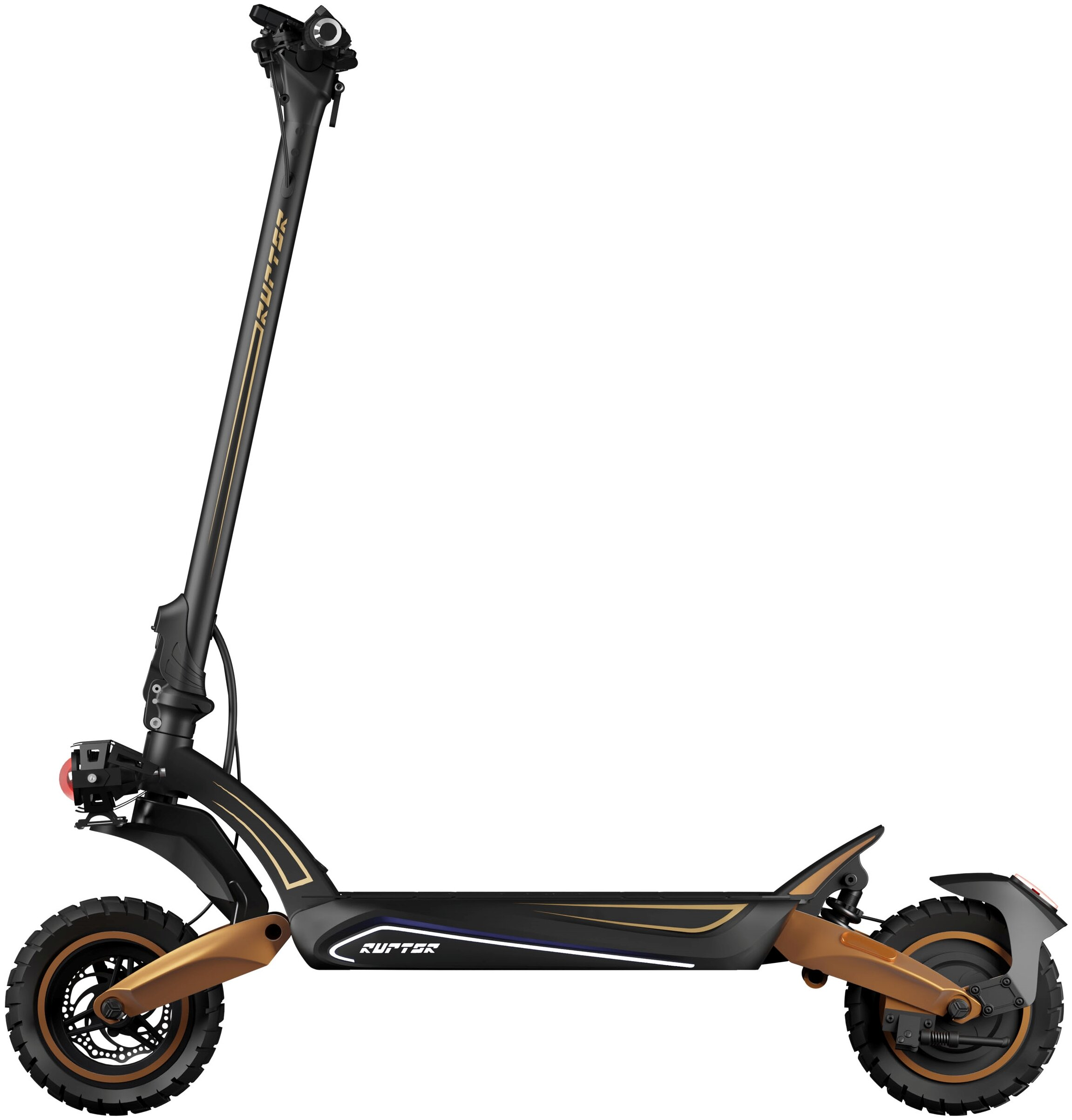 Czarno-brązowa hulajnoga elektryczna. Ma dwa koła z brązowymi akcentami i czarną ramą. Marka to RUPTOR.