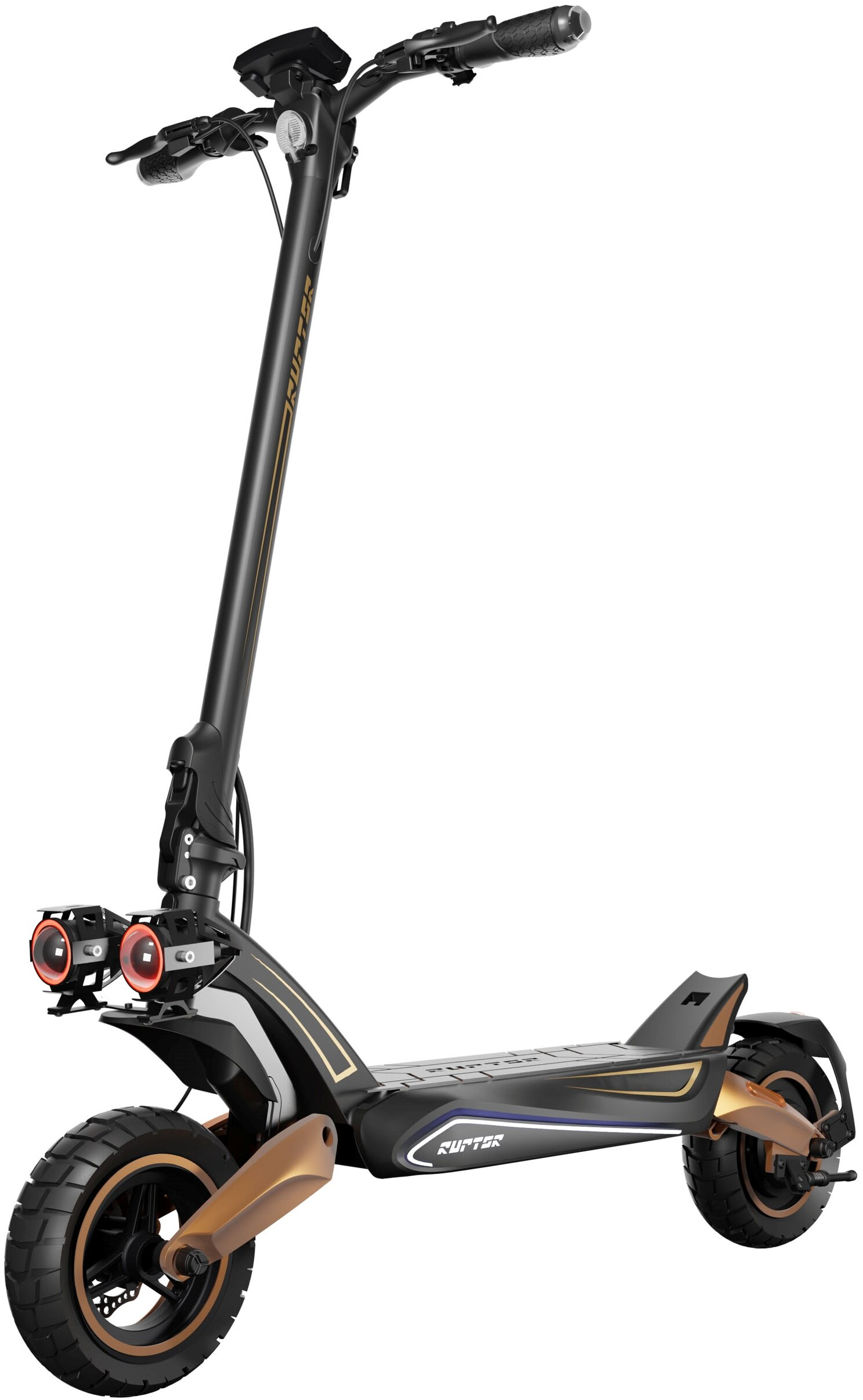 Czarna hulajnoga elektryczna ze złotymi akcentami. Posiada kierownicę, dwa przednie światła i dwa koła. Widoczne logo RUPTER.