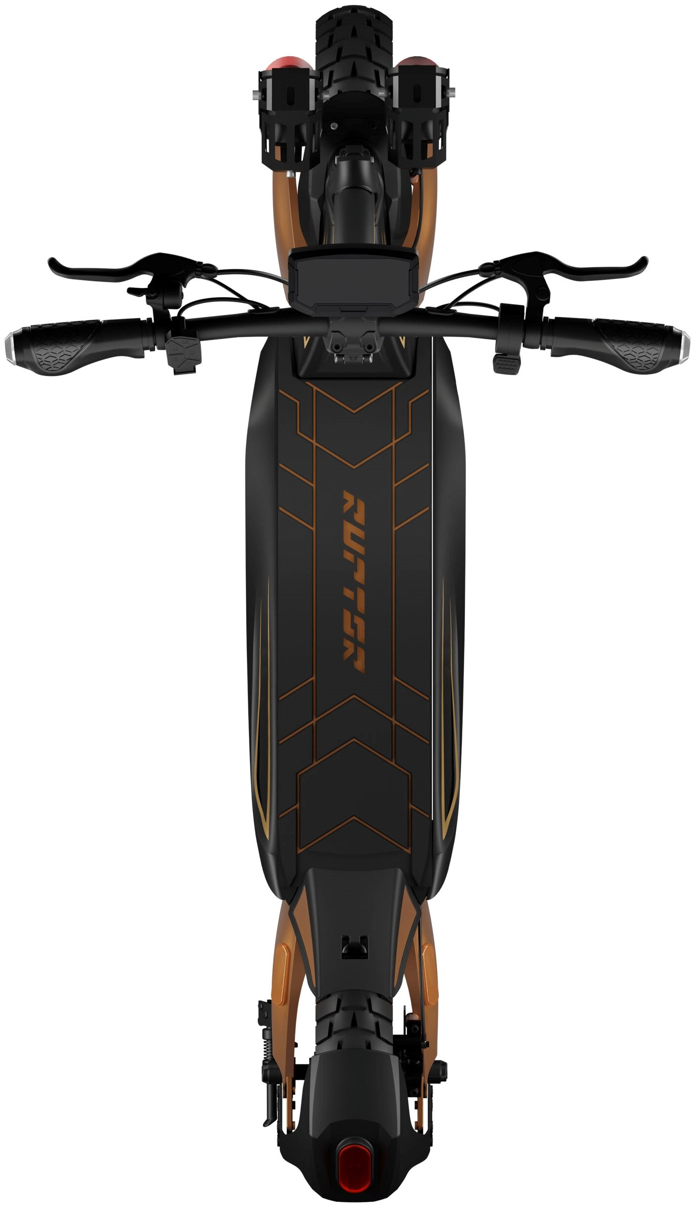 Widok z góry na czarną i brązową hulajnogę elektryczną. Posiada kierownicę, światła i markowy korpus z geometrycznym wzorem.