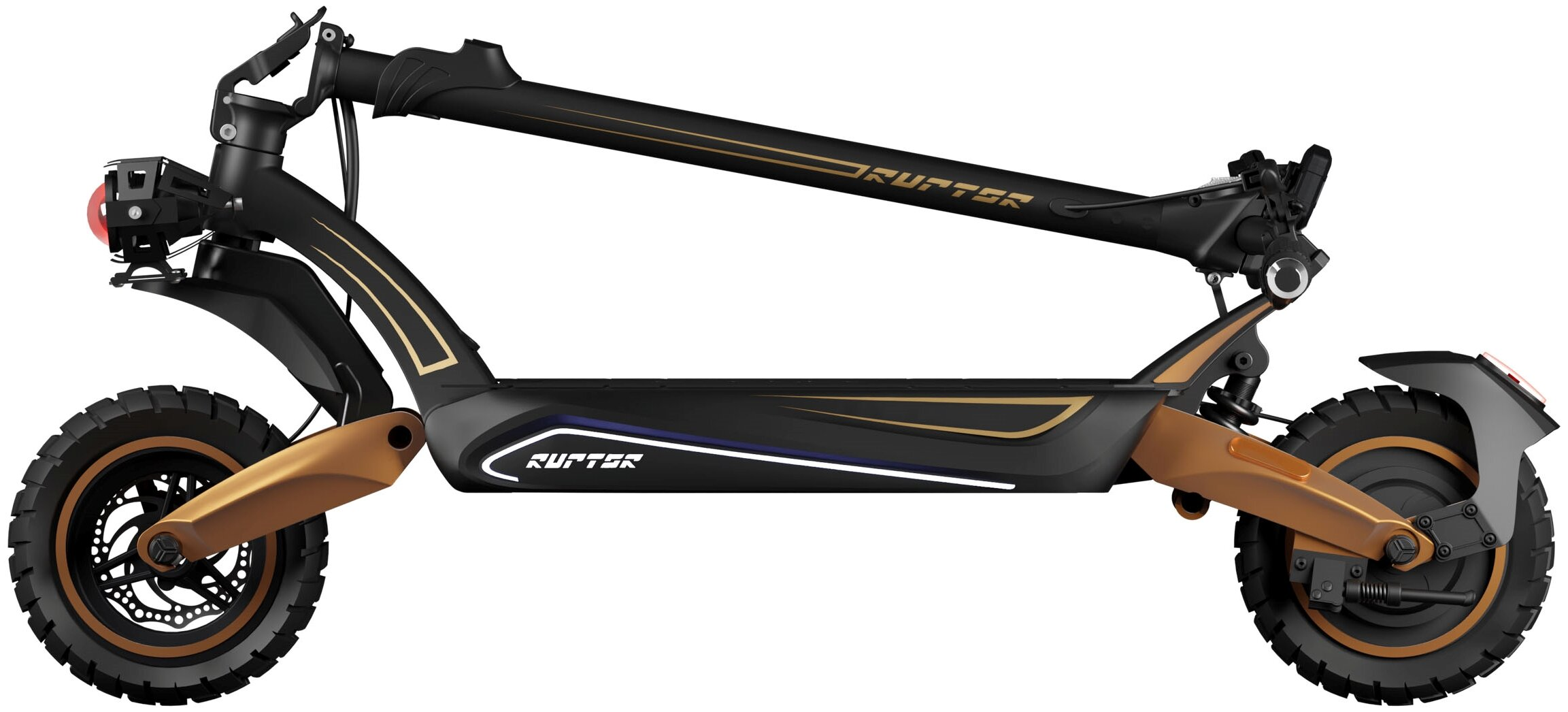 Czarna i brązowa hulajnoga elektryczna z dużymi kołami i widocznym słowem 'RUPTTER'.