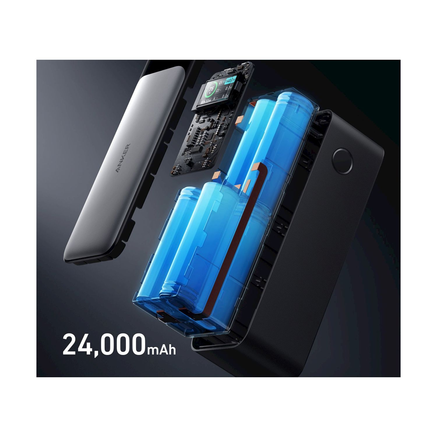 Power bank Anker che mostra i componenti interni. Celle della batteria blu visibili. L'etichetta dice 24.000 mAh.