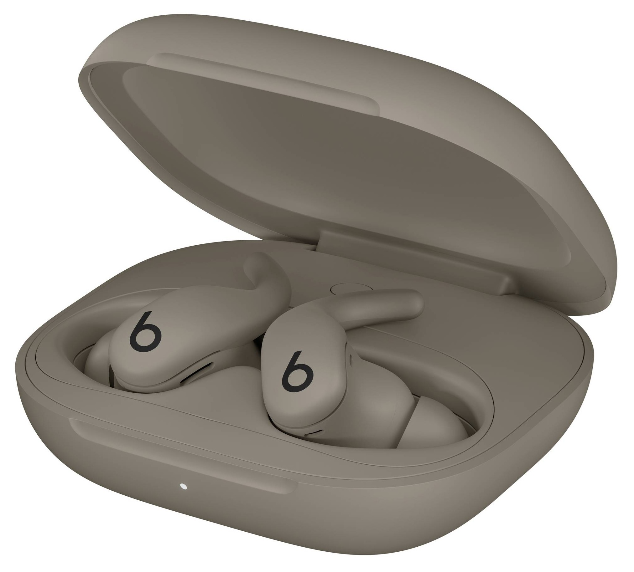 Słuchawki Beats w etui w kolorze szarym. Etui jest otwarte, pokazując dwie słuchawki. Każda słuchawka ma logo Beats.