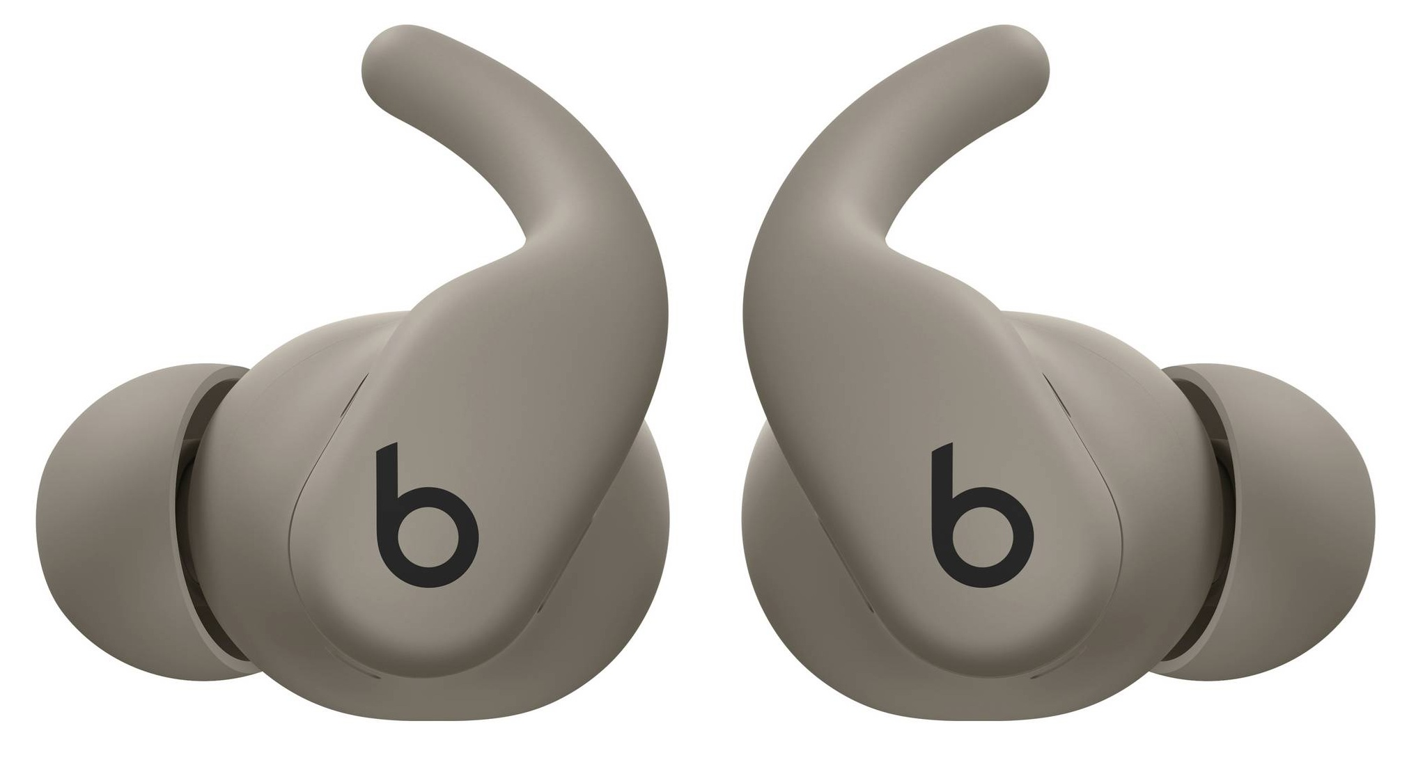 Dwa bezprzewodowe słuchawki w kolorze szarobrązowym, każdy z logo 'b', kątowymi haczykami na uszy i końcówkami, na białym tle.