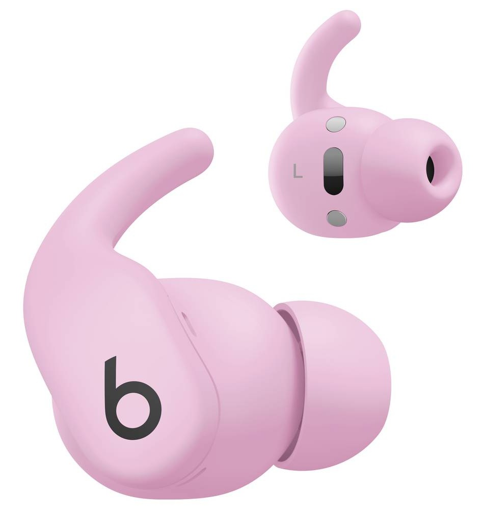 Dwa różowe słuchawki Beats, jeden z logo 'b', drugi z 'L'. Na białym tle.