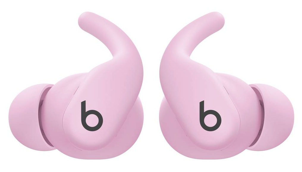 Dwa różowe słuchawki Beats na białym tle. Każda słuchawka ma logo 'b'.