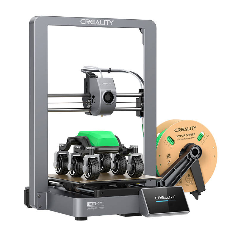 Egy 3D nyomtató zöld és fekete modellel a nyomtatóágyon, valamint egy zöld filament tekercs. A nyomtató szürke.