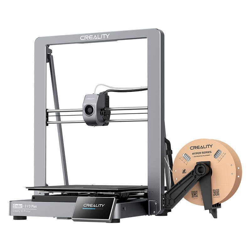 Egy szürke Creality Ender-3 V3 Plus 3D nyomtató, hozzá csatlakoztatott filament tekercsel, fehér háttérrel.