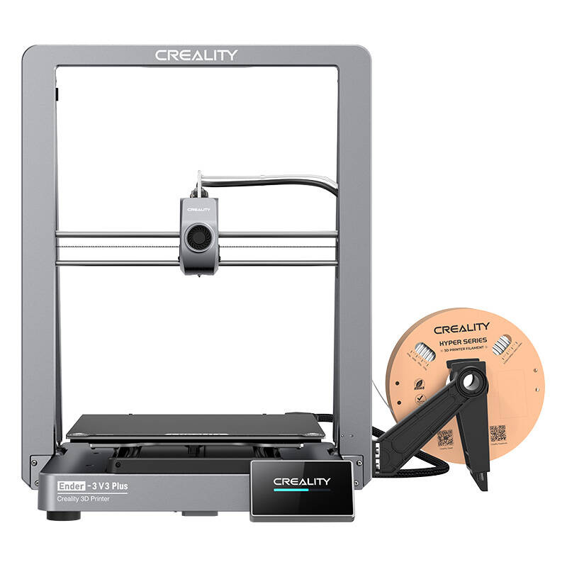Egy szürke Creality Ender-3 V3 Plus 3D nyomtató és egy Hyper Series filament orsó fehér háttéren.
