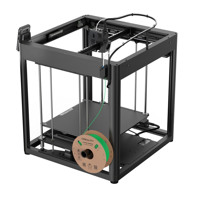 Egy fekete 3D nyomtató zöld filamentum tekercsel. Kocka alakú kerettel, nyomtatási ággyal és nyomtatófejjel rendelkezik.
