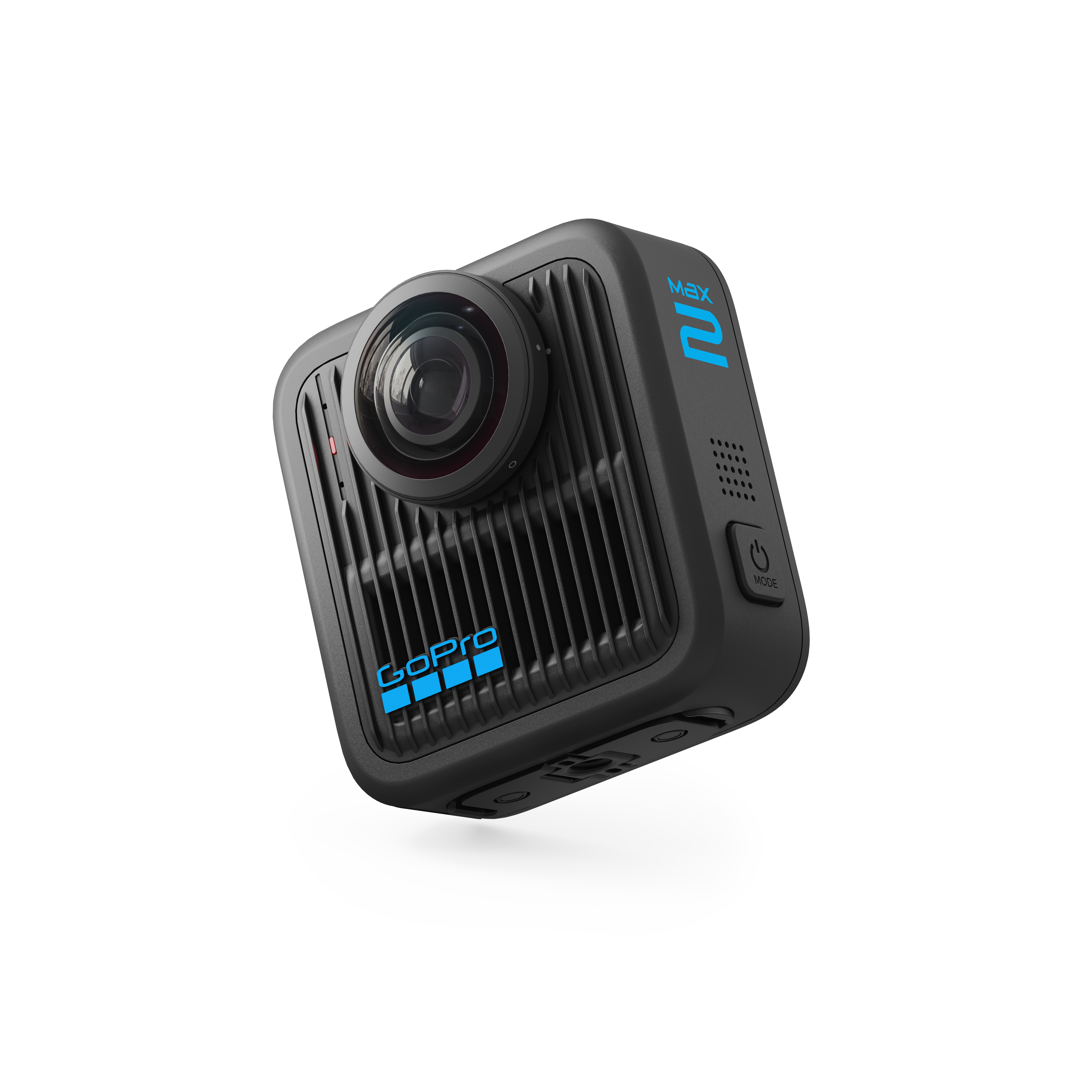 Eine schwarze GoPro Max 2 Kamera. Sie hat ein Objektiv vorne, das GoPro-Logo und das Wort Max 2 in Blau.