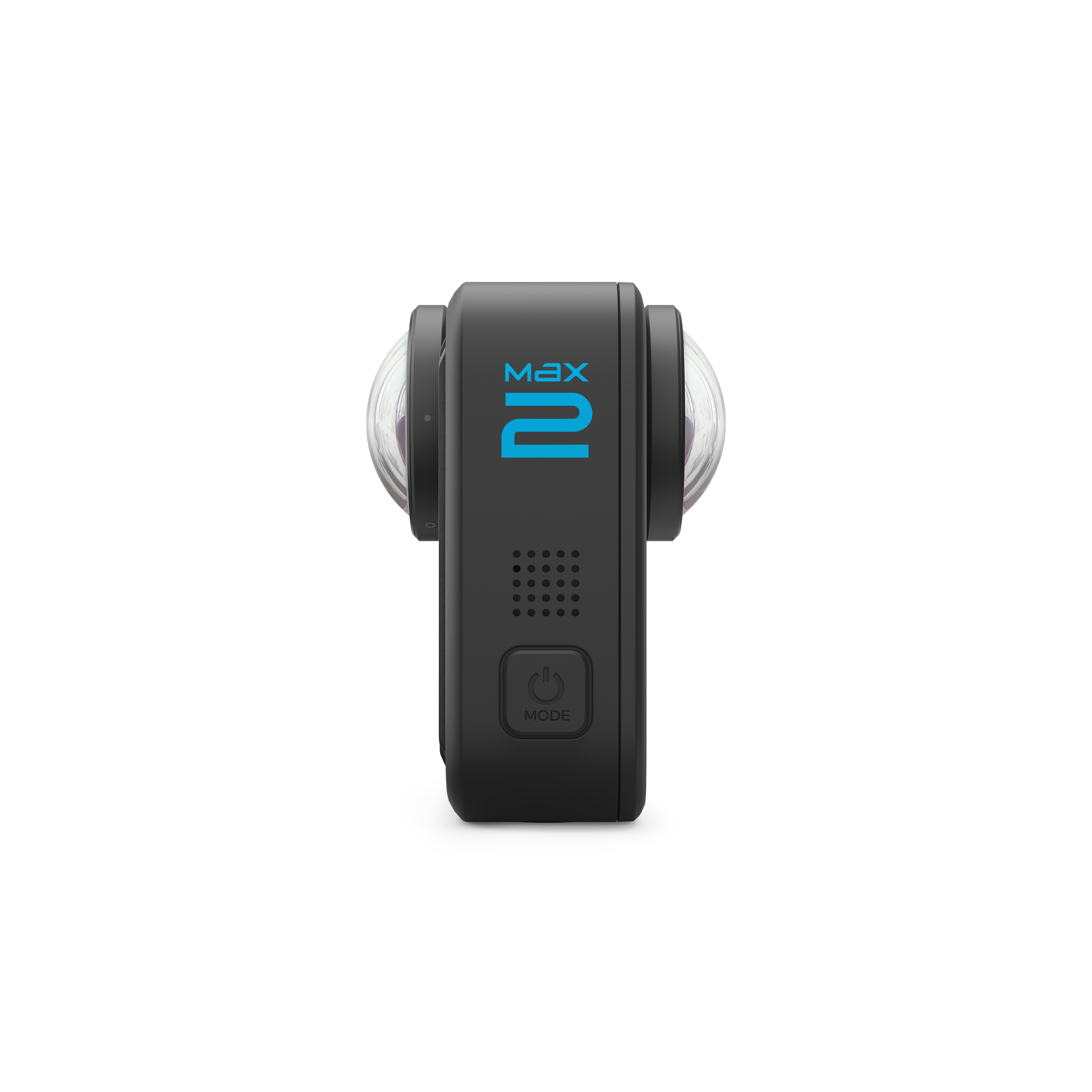 Eine schwarze GoPro Max 2 Kamera mit zwei Objektiven auf weißem Hintergrund. Es hat eine Modus-Taste.