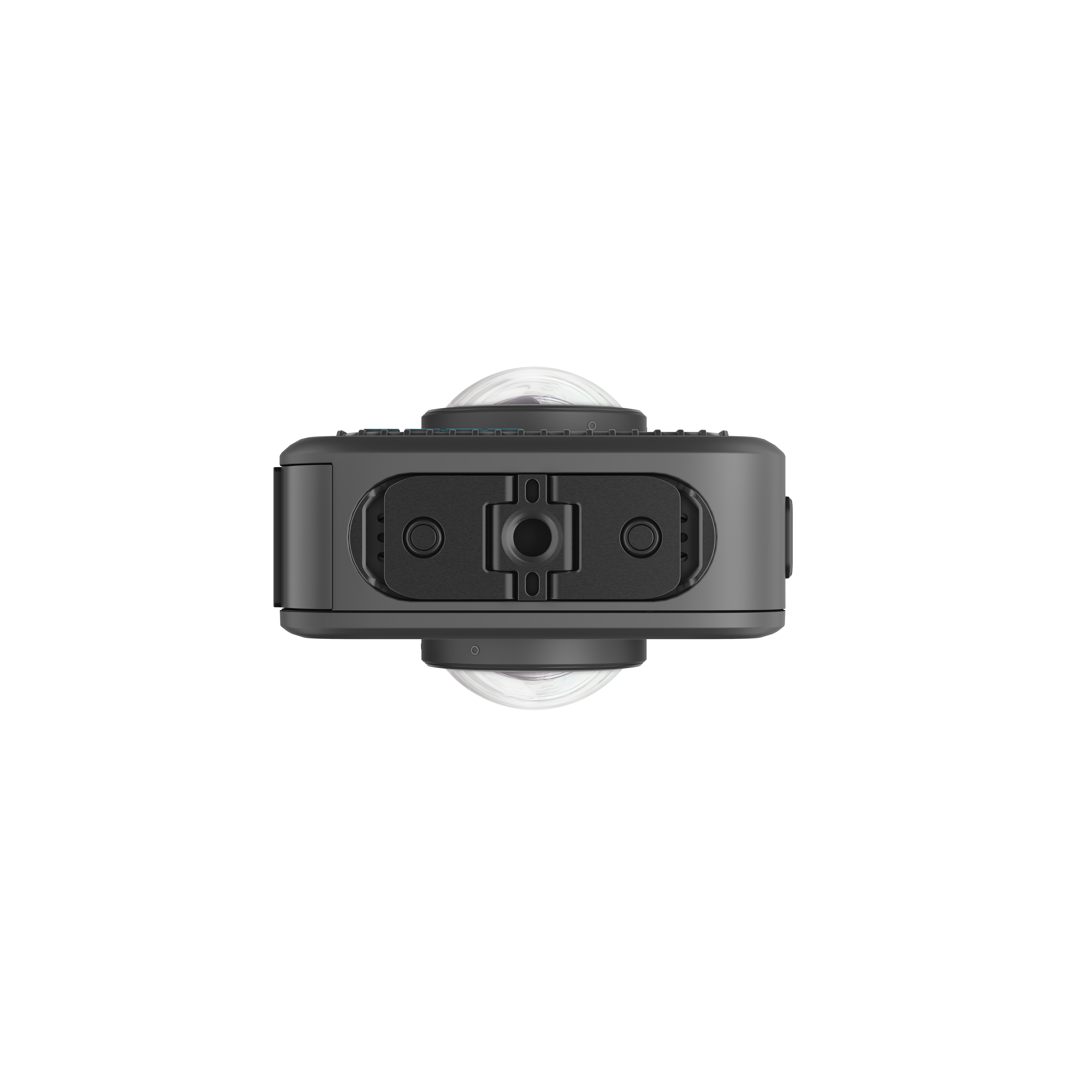 Schwarze 360-Grad-Kamera mit zwei Linsen und einem rechteckigen Gehäuse. Es hat ein mattes Finish und sitzt auf weißem Hintergrund.